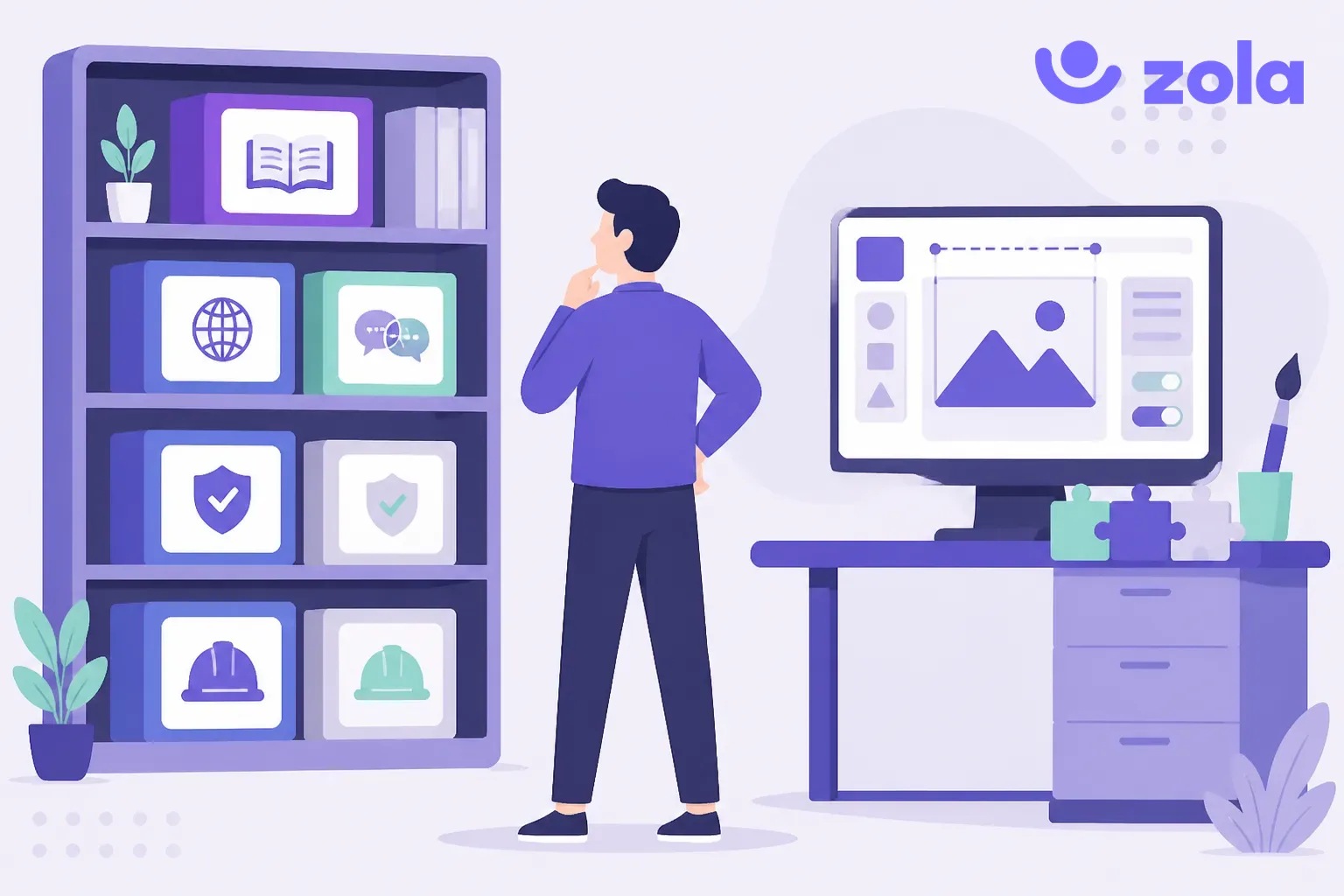 Illustration violette des contenus e-learning sur étagère et sur mesure