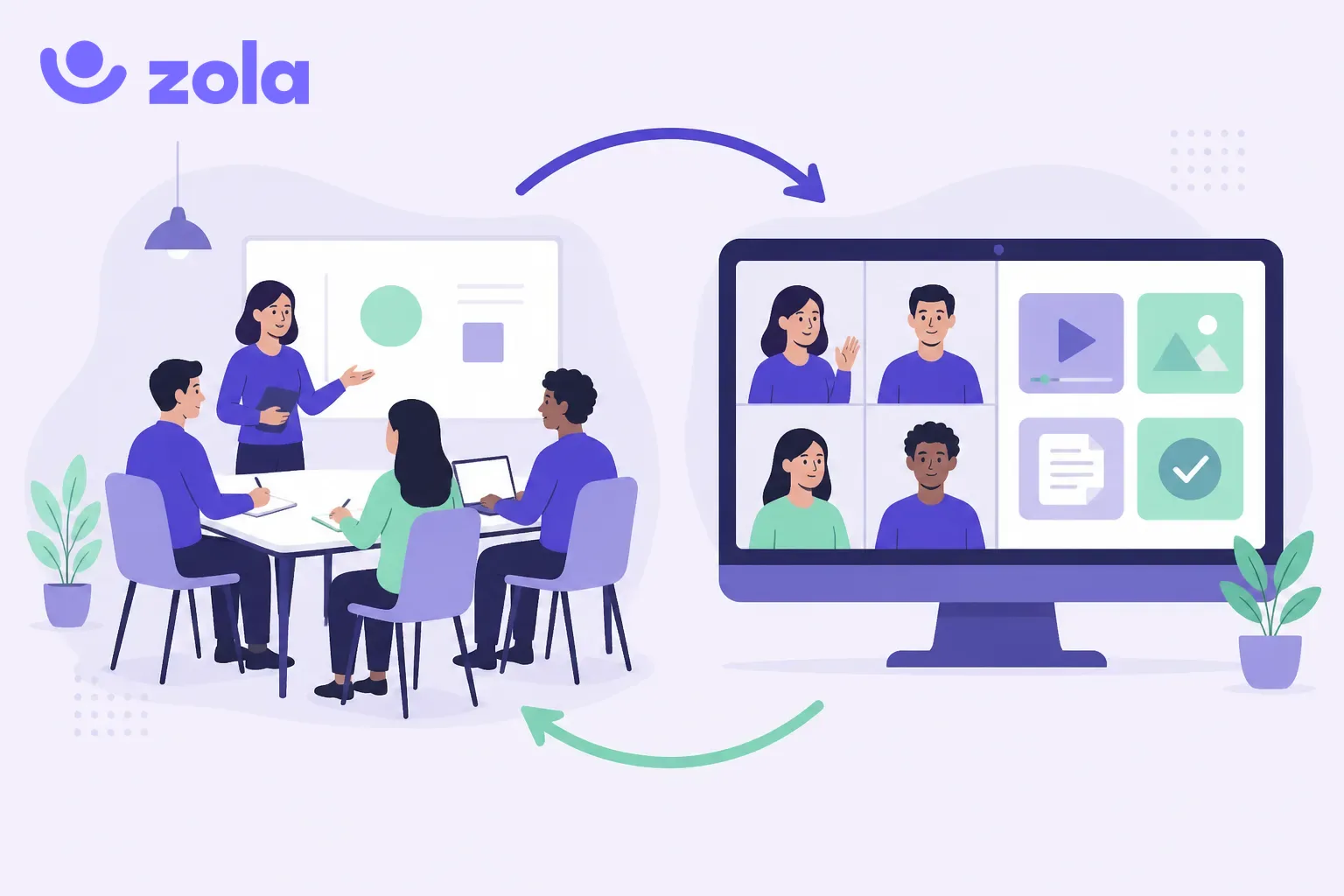 Illustration violette du blended learning en entreprise