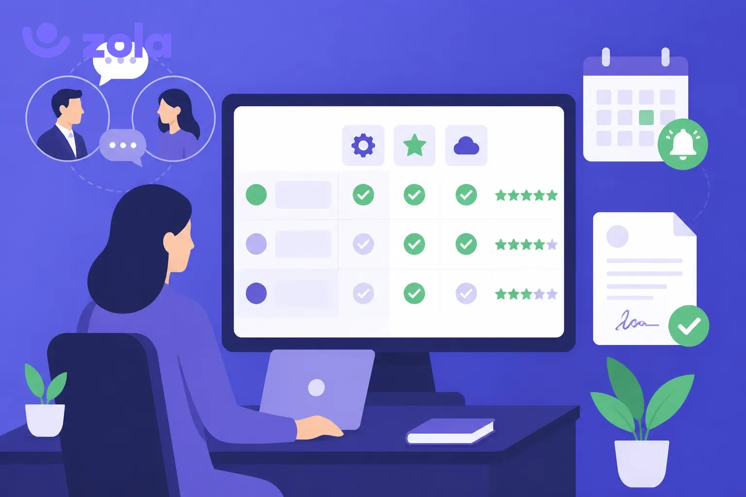 Comparatif des logiciels d'entretien professionnel : DRH comparant les solutions, notes et conformité, illustration violette Zola