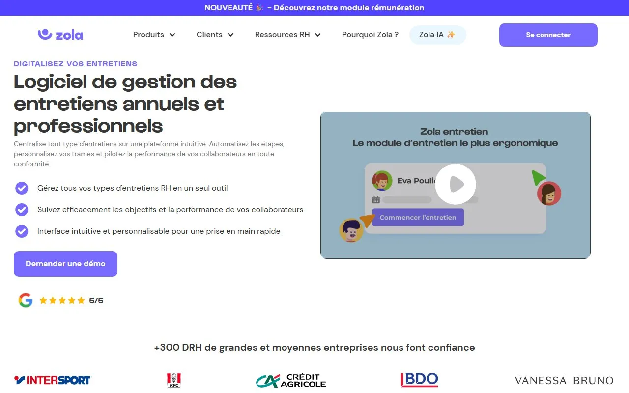 Aperçu du logiciel d'entretien professionnel Zola (page produit du module entretiens)