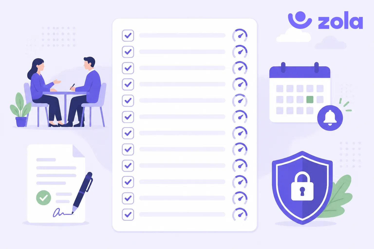 Checklist des fonctionnalités d'un logiciel d'entretien annuel : liste à cocher avec jauges de score, entretien manager-salarié, compte rendu signé, calendrier de rappels et bouclier de sécurité des données