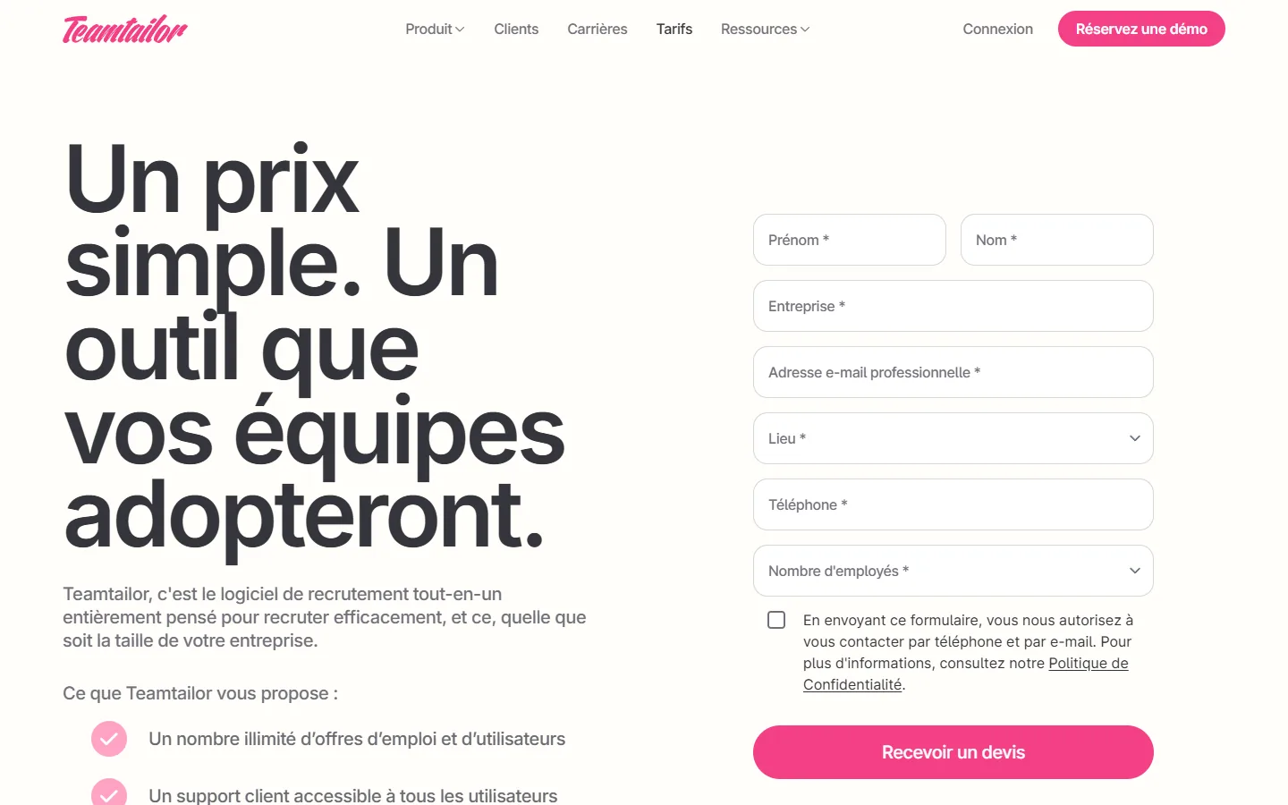 Aperçu de la page tarifs de Teamtailor, logiciel de recrutement et site carrières