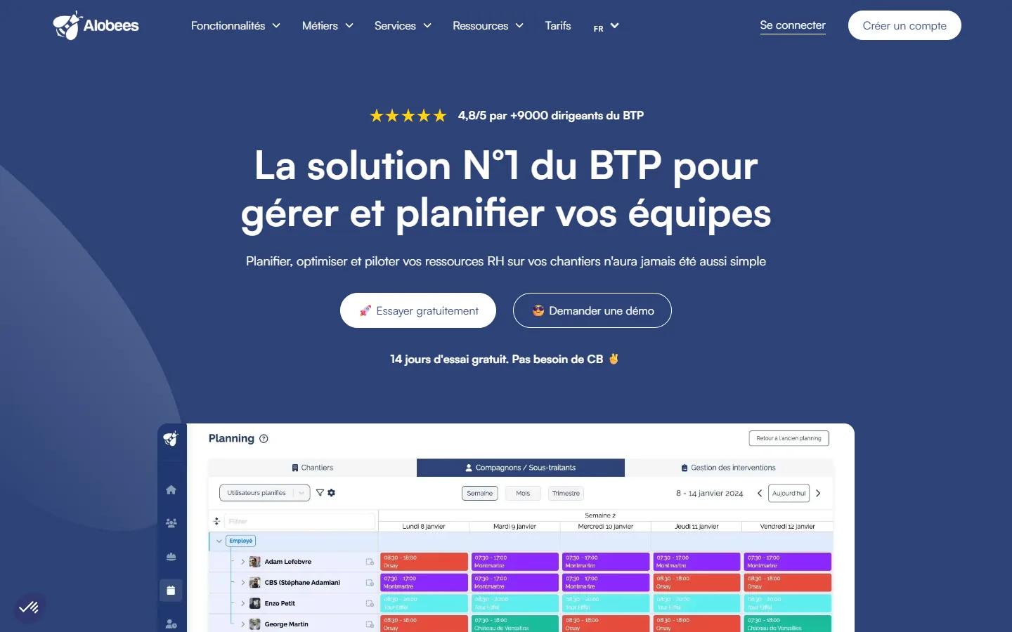 Aperçu du site d'Alobees, application de pointage et de suivi de chantier