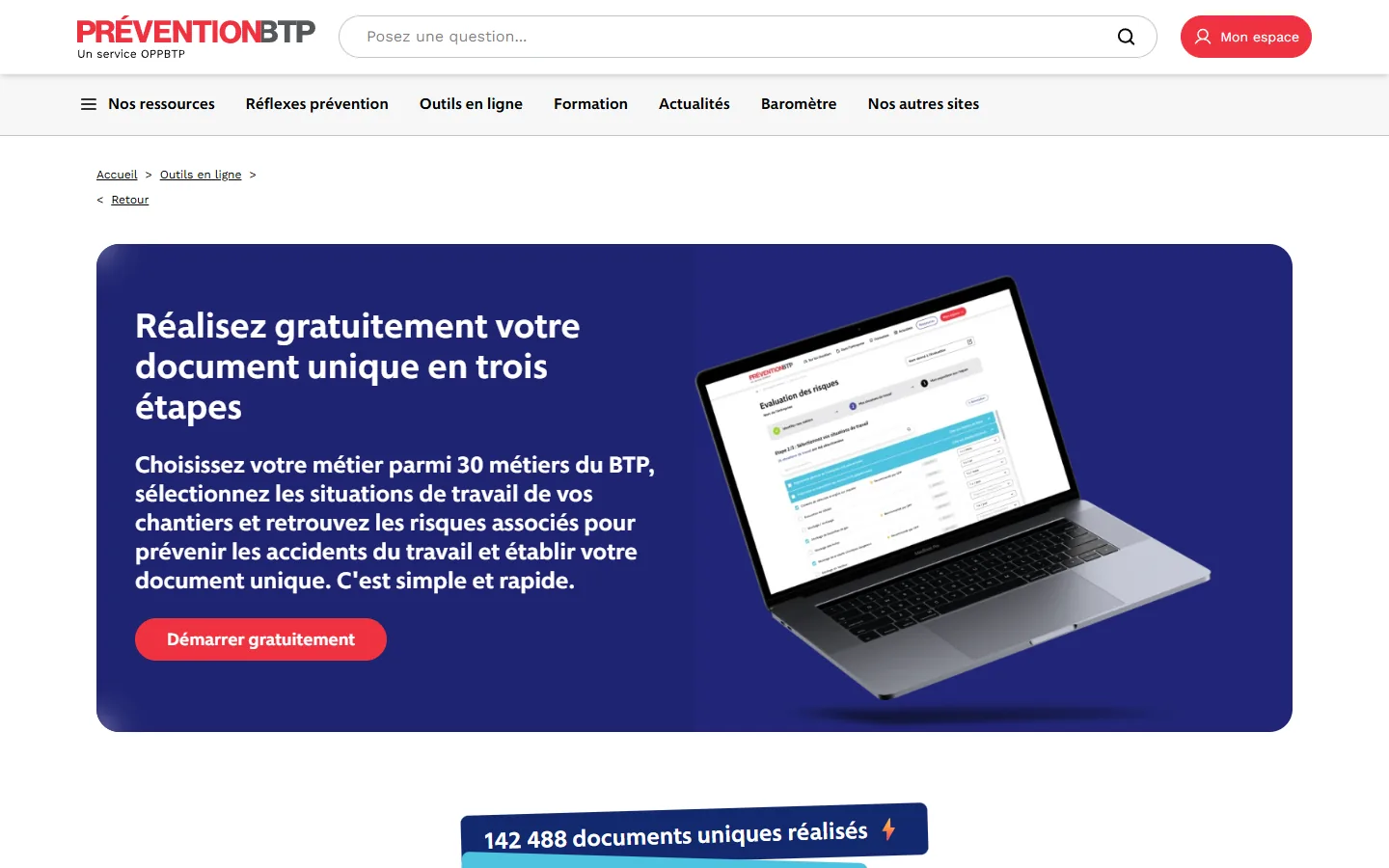 Aperçu de l'outil Mon document unique de l'OPPBTP pour le DUERP des entreprises du BTP