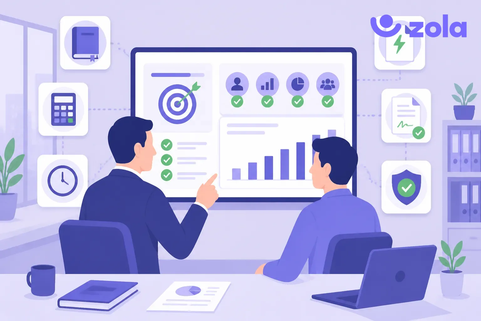 Logiciel RH pour cabinet d'expertise comptable : un associé et un collaborateur devant un tableau de bord d'évaluation de mission, illustration violette Zola
