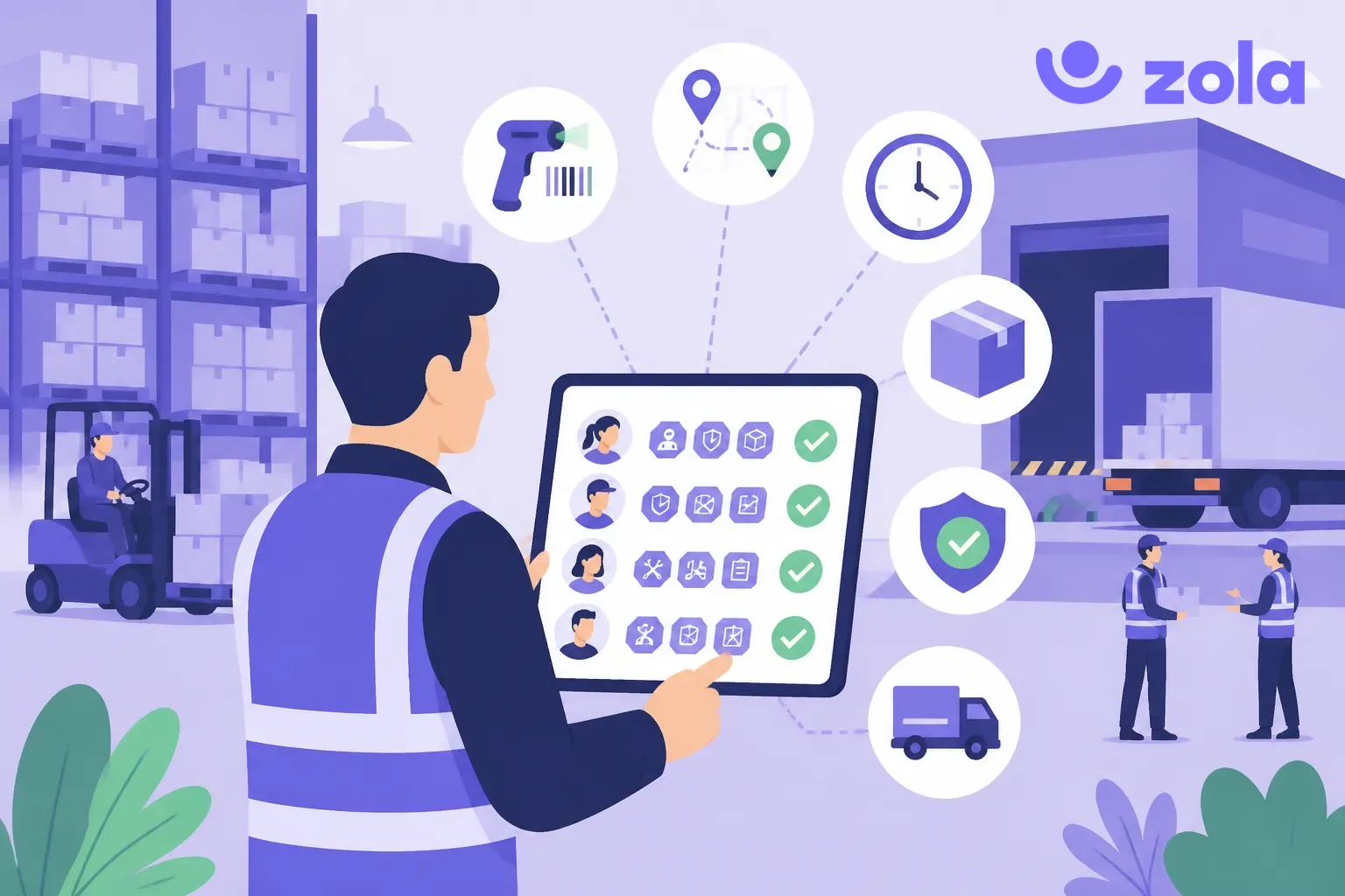 Logiciel RH logistique : responsable d'exploitation consultant le tableau de bord des CACES et des habilitations de ses équipes, illustration violette Zola