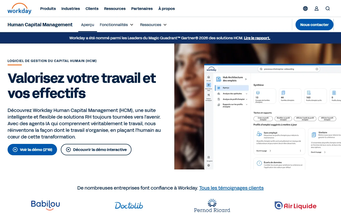 Aperçu de la page Workday Human Capital Management en français, alternative à Talentsoft pour un projet SIRH