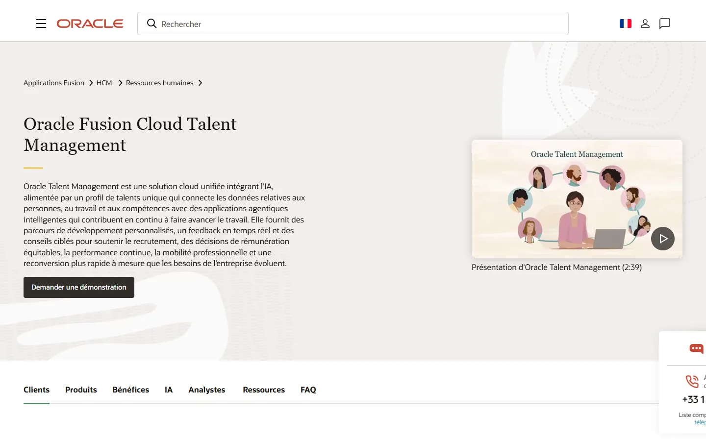 Aperçu du site Oracle Fusion Cloud Talent Management, avec son profil de talents unifié