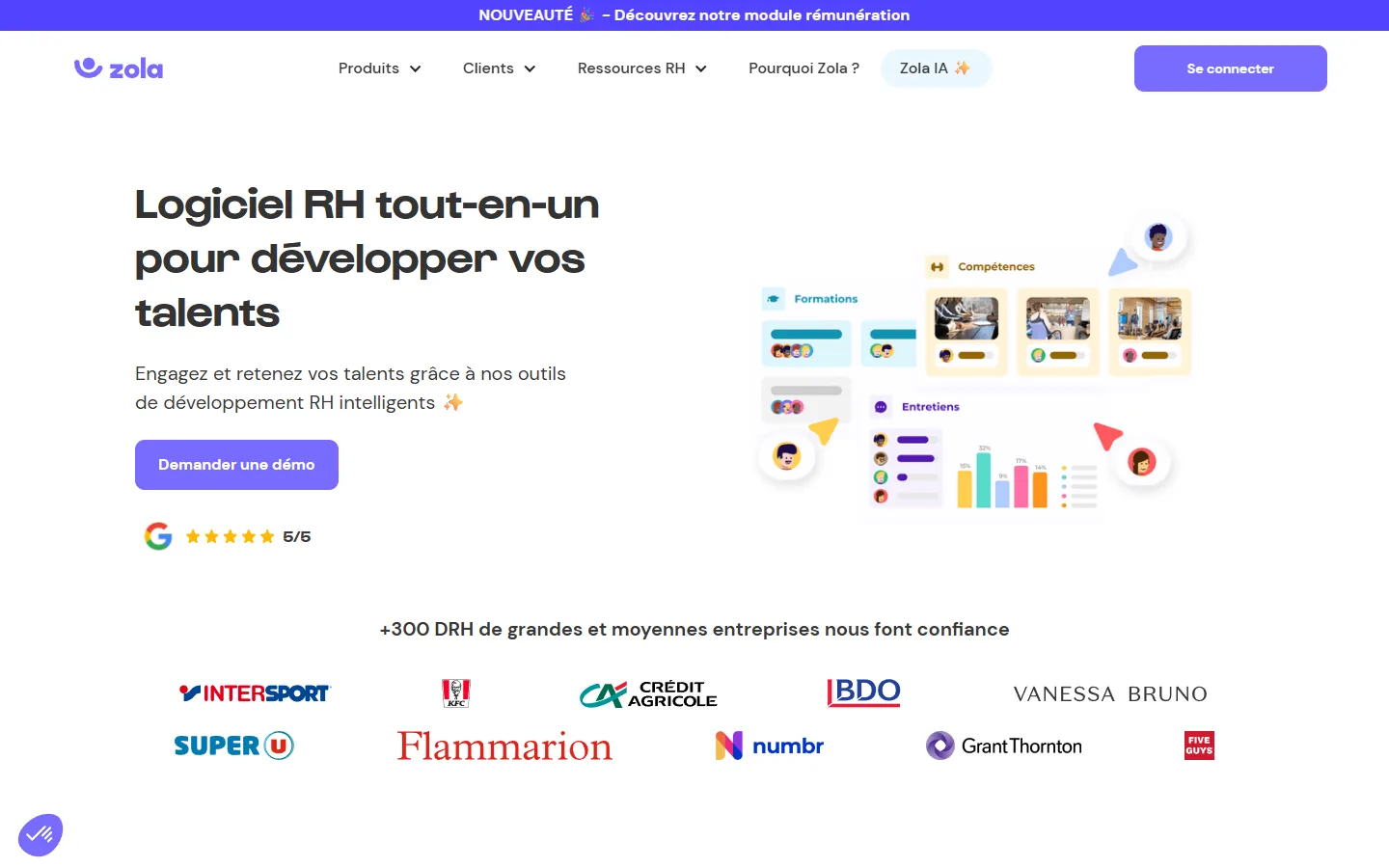 Aperçu du site de Zola, logiciel RH de gestion des talents, entretiens, compétences et formation