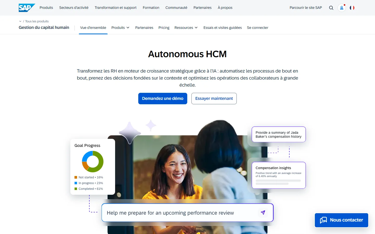 Aperçu du site SAP SuccessFactors, page française de la suite de gestion du capital humain