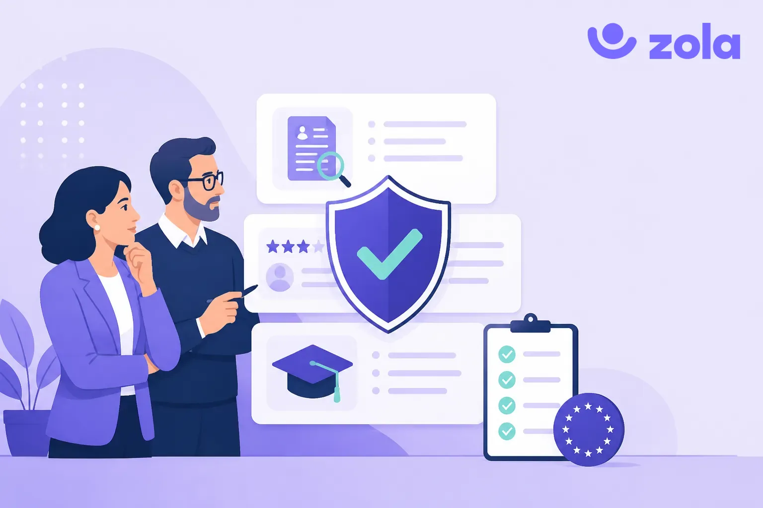 AI Act et logiciels RH : une DRH et un responsable informatique vérifient la conformité des outils de recrutement, d'évaluation et de formation, illustration violette Zola