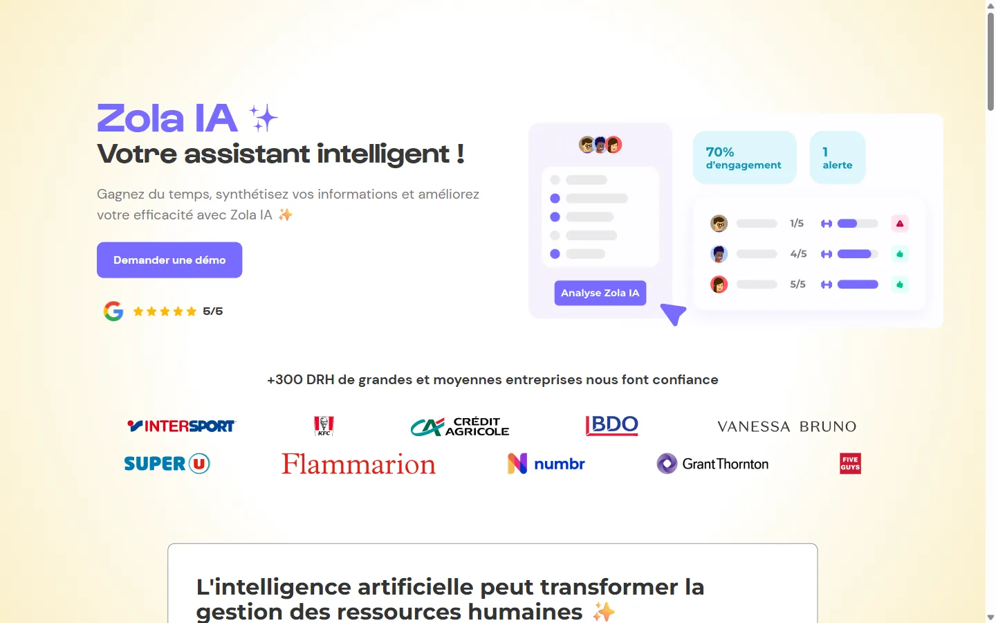 Aperçu du module Zola IA, assistant d'analyse des entretiens et des compétences pour les équipes RH