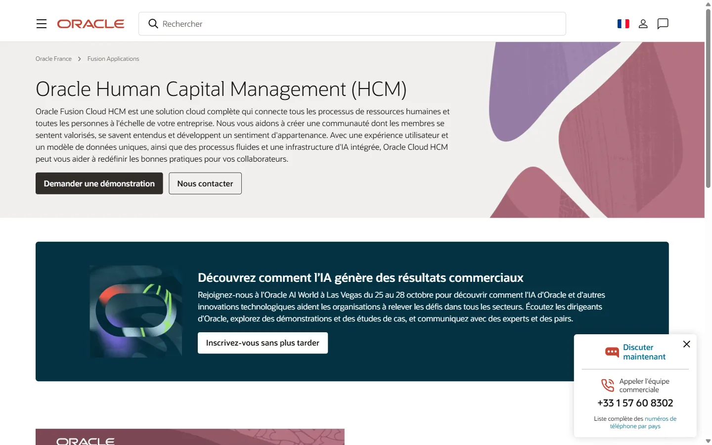 Aperçu du site Oracle Fusion Cloud HCM, suite de gestion des ressources humaines