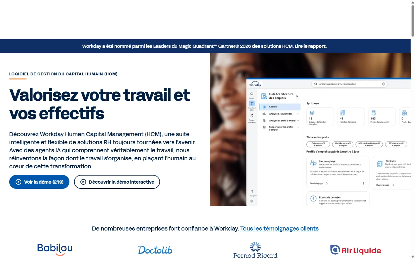 Aperçu du site Workday, page française de la suite de gestion du capital humain
