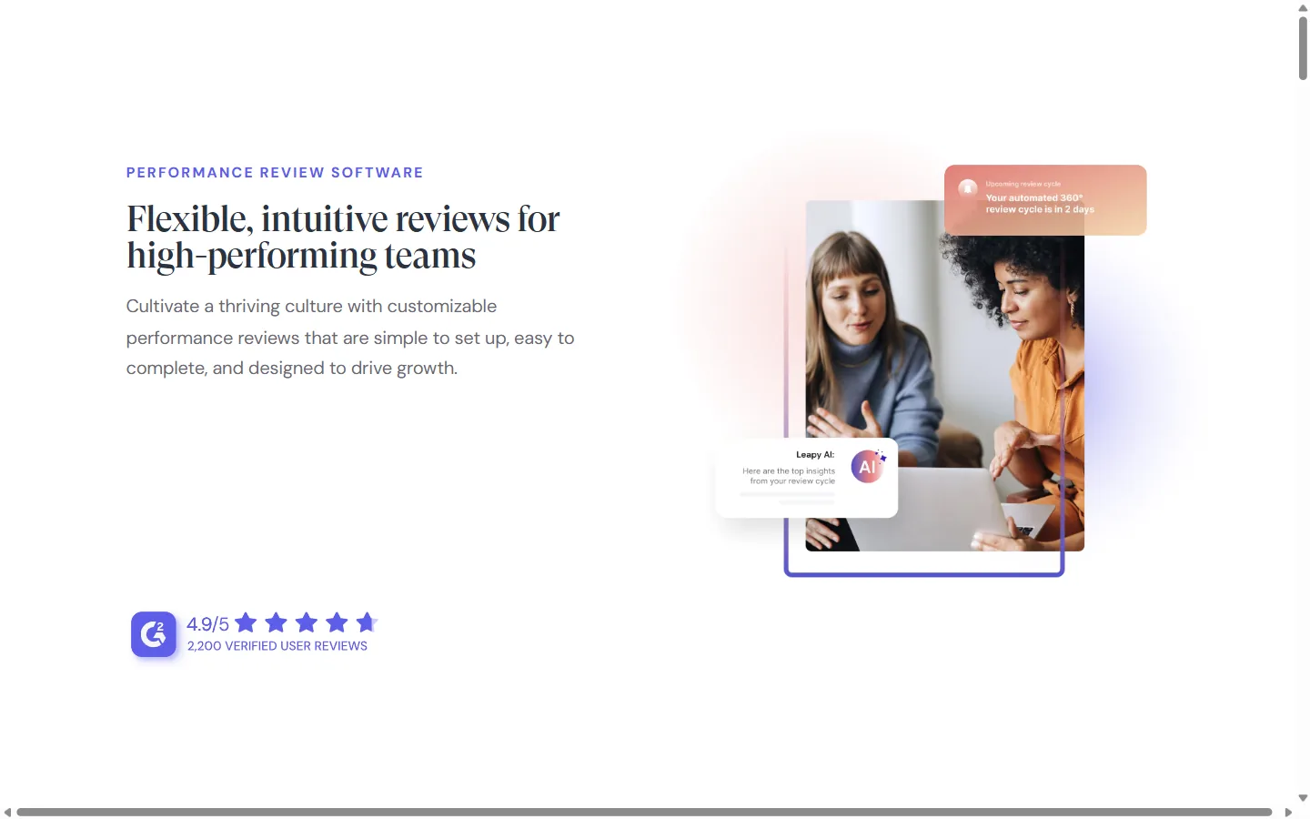 Aperçu du site Leapsome, plateforme de revues de performance et de feedback 360