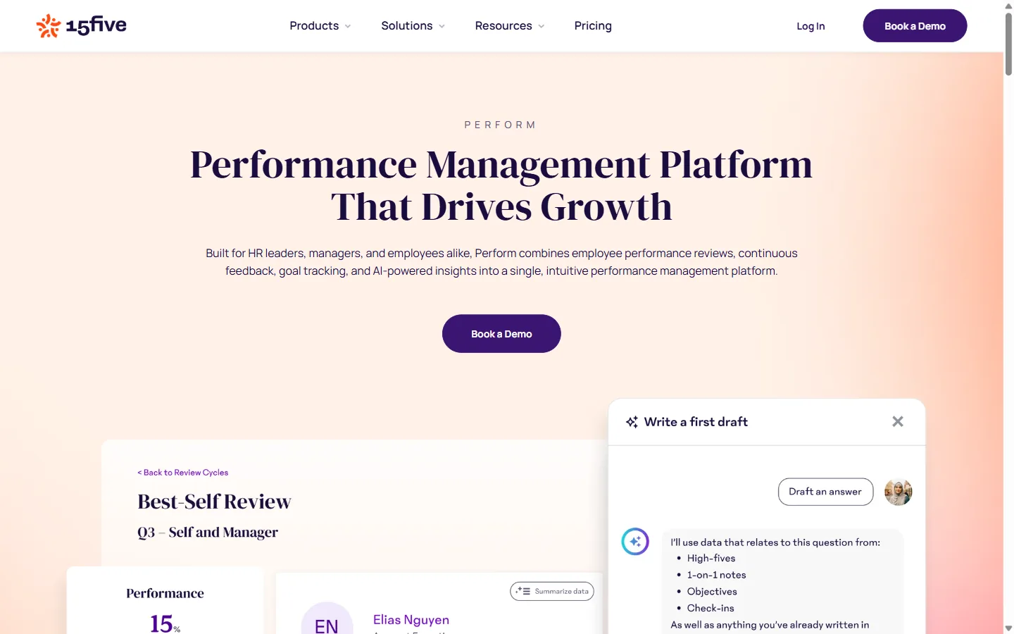 Aperçu du site 15Five, plateforme de gestion de la performance avec revues 360