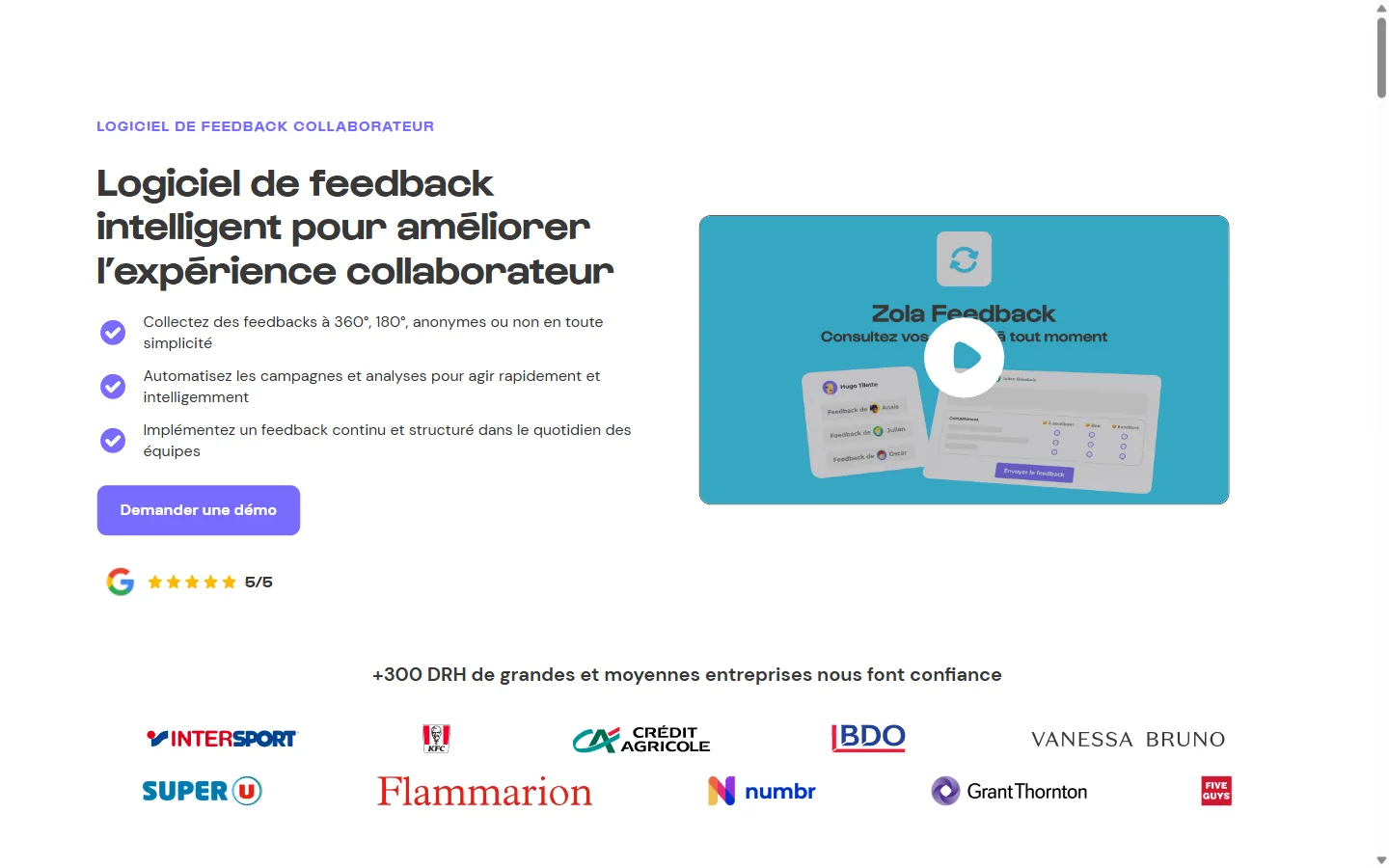 Aperçu du module de feedback de Zola, campagnes 360 et 180 degrés avec anonymat configurable