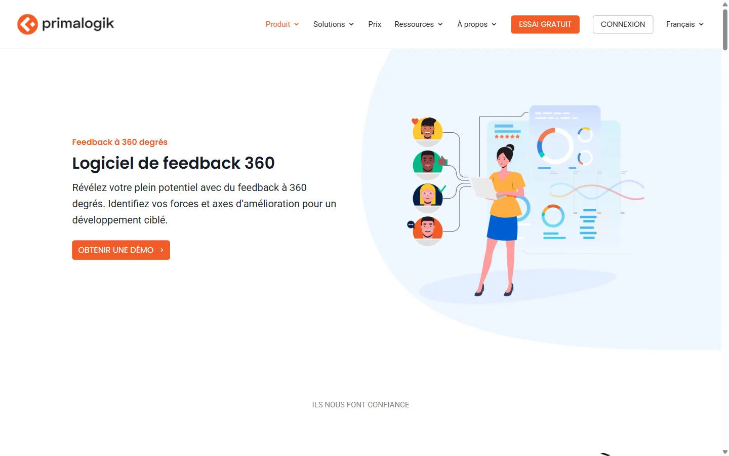 Aperçu du site Primalogik en français, logiciel de feedback 360