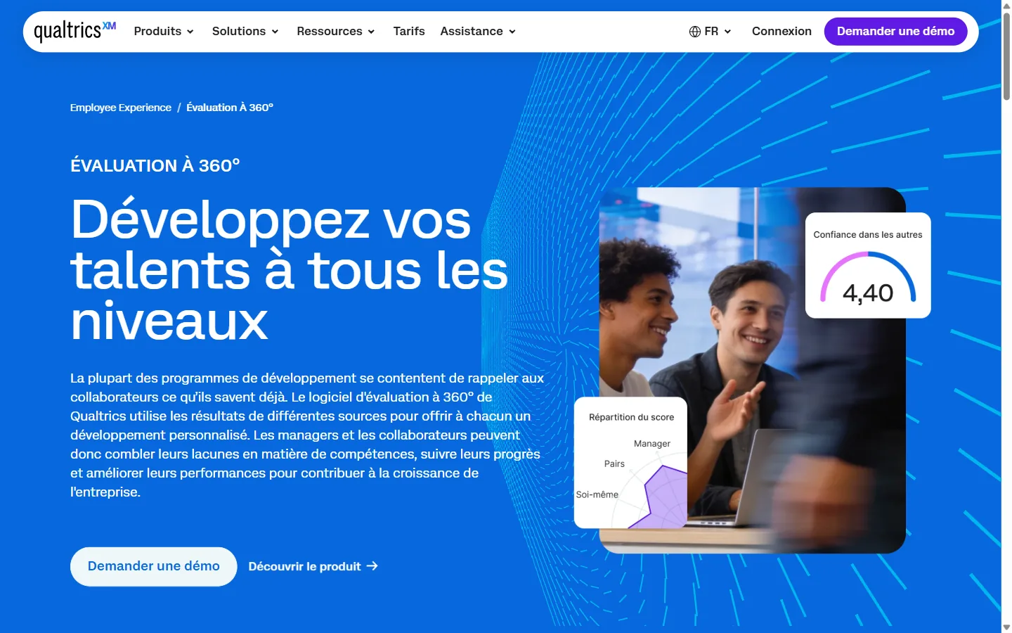 Aperçu de la page française de Qualtrics consacrée à l'évaluation à 360 degrés