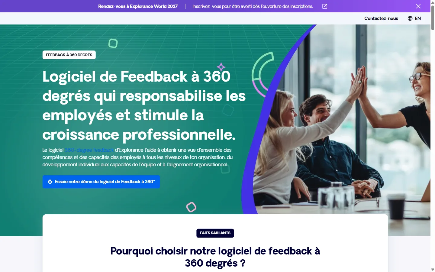 Aperçu du site Explorance, logiciel de feedback à 360 degrés