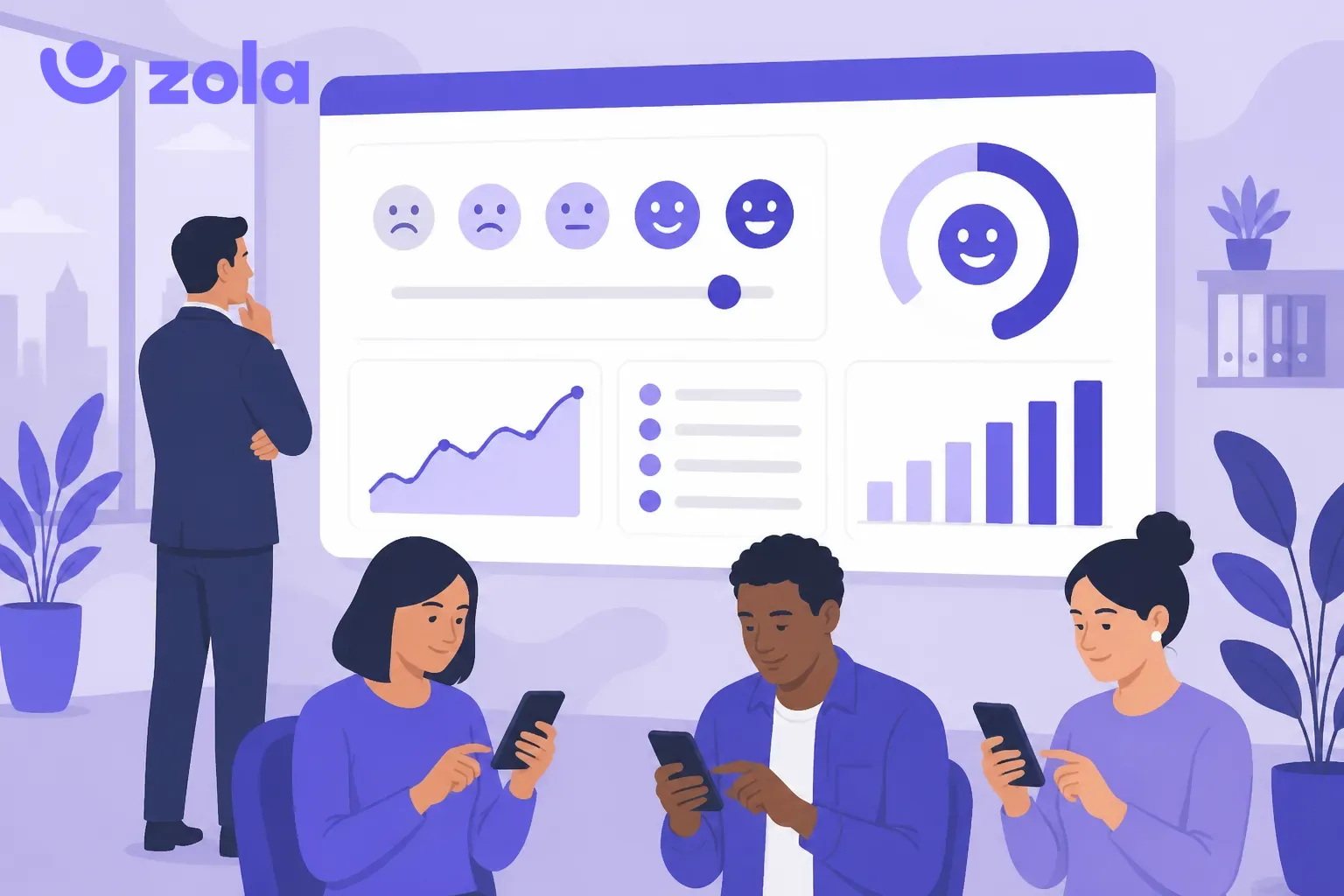 Logiciel de sondage RH : une DRH devant le tableau de bord d'une enquête pulse, échelle de satisfaction et courbe d'engagement, trois collaborateurs répondent sur mobile, illustration violette Zola