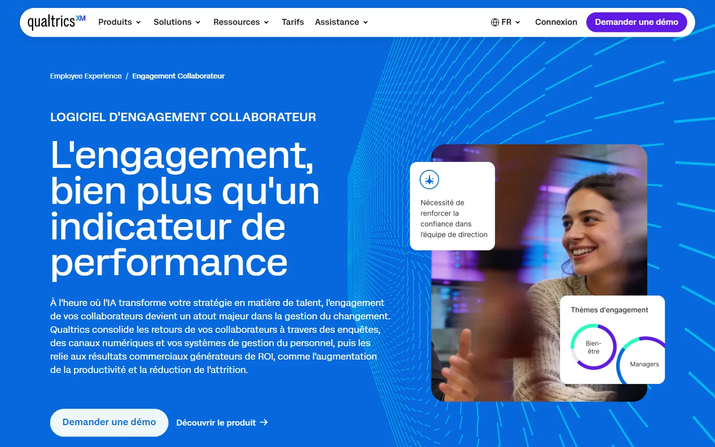 Aperçu de la page française de Qualtrics consacrée au logiciel d'engagement collaborateur