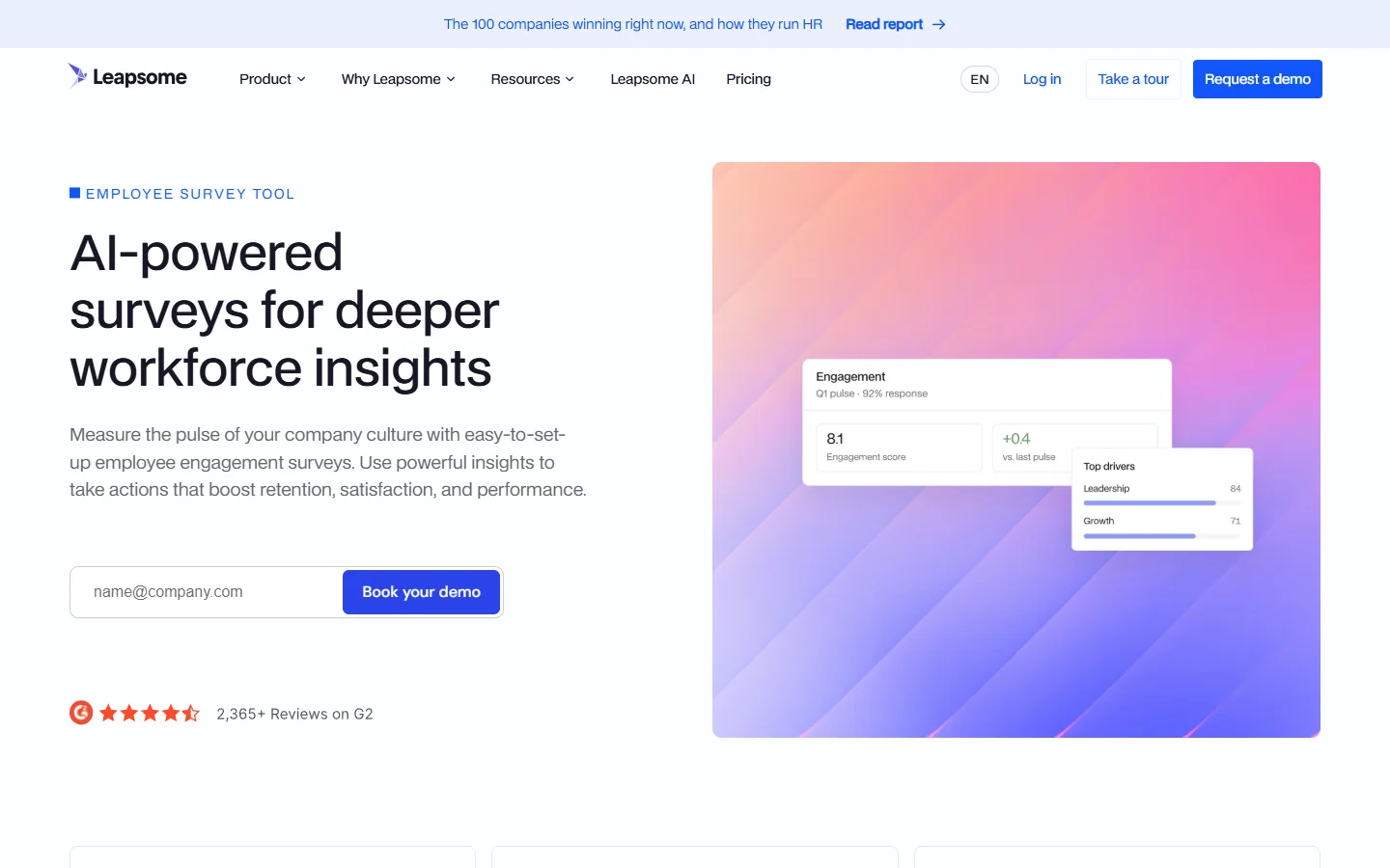 Aperçu du site Leapsome, module d'enquêtes d'engagement avec score de pulse et facteurs principaux