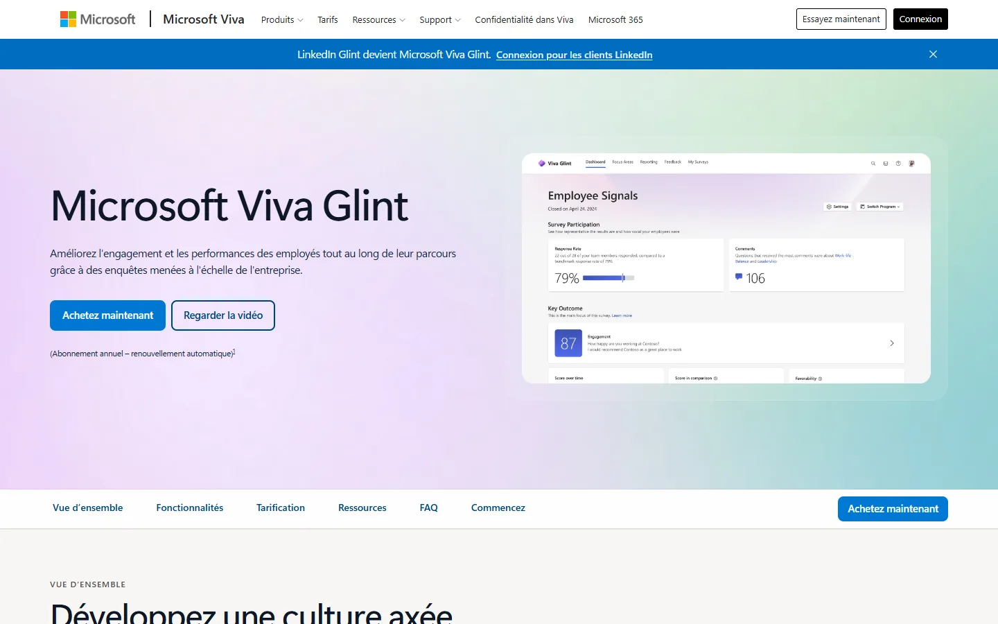 Aperçu de la page Microsoft Viva Glint, enquêtes d'engagement à l'échelle de l'entreprise avec taux de participation