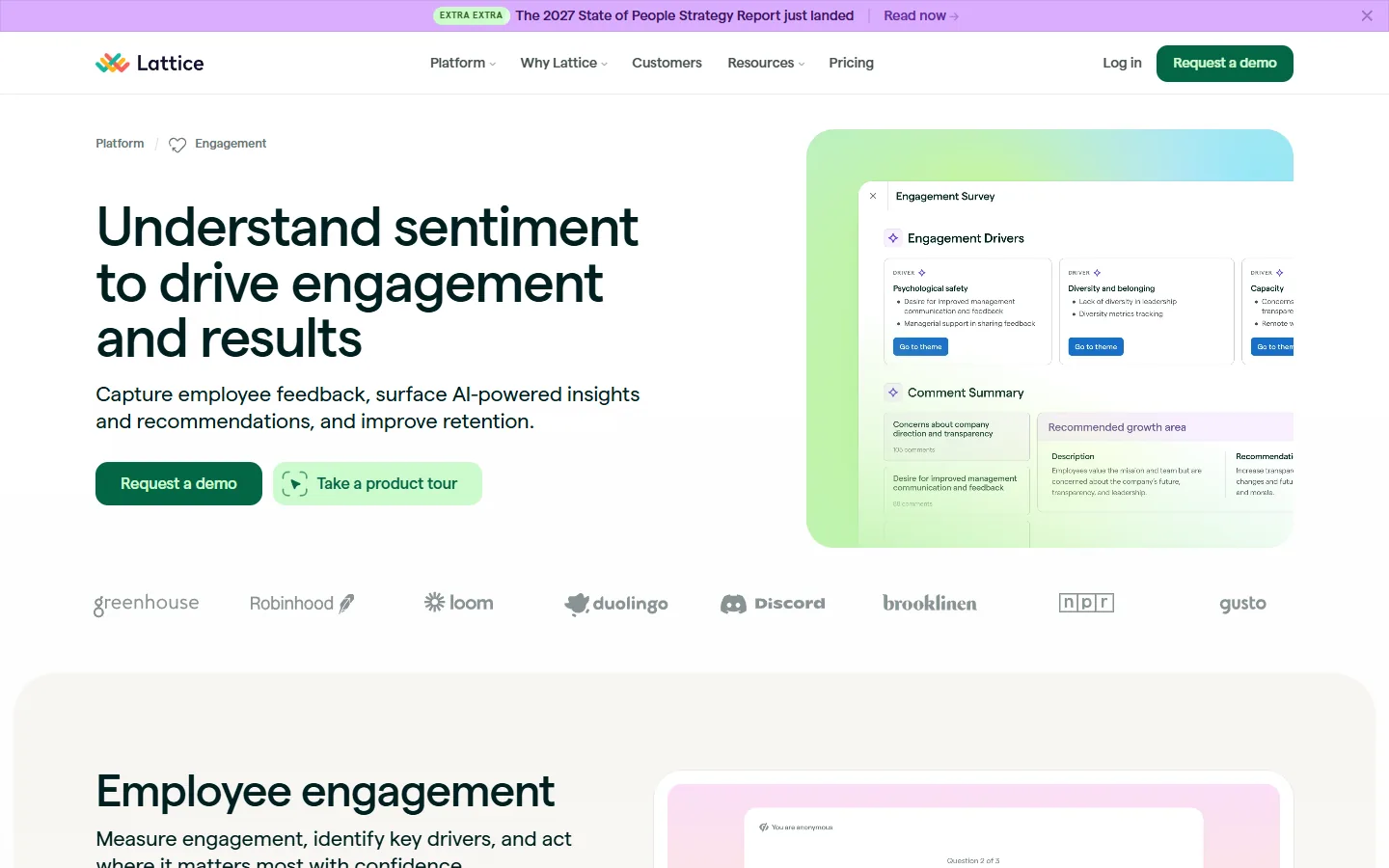 Aperçu du site Lattice, module Engagement avec facteurs d'engagement et résumé des commentaires par IA