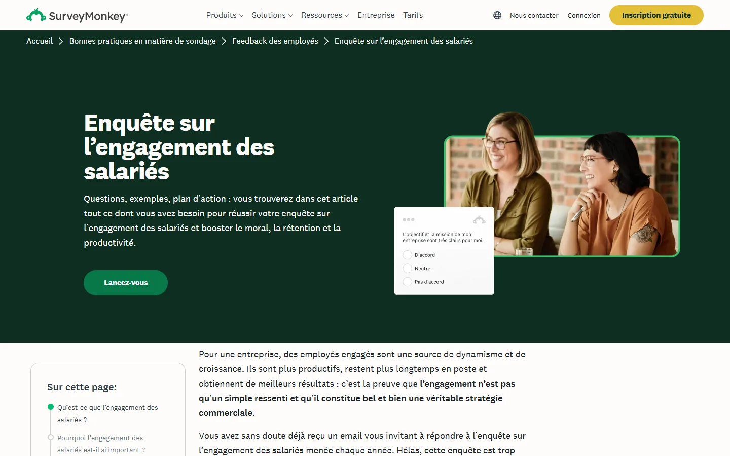 Aperçu de la page française de SurveyMonkey consacrée à l'enquête sur l'engagement des salariés