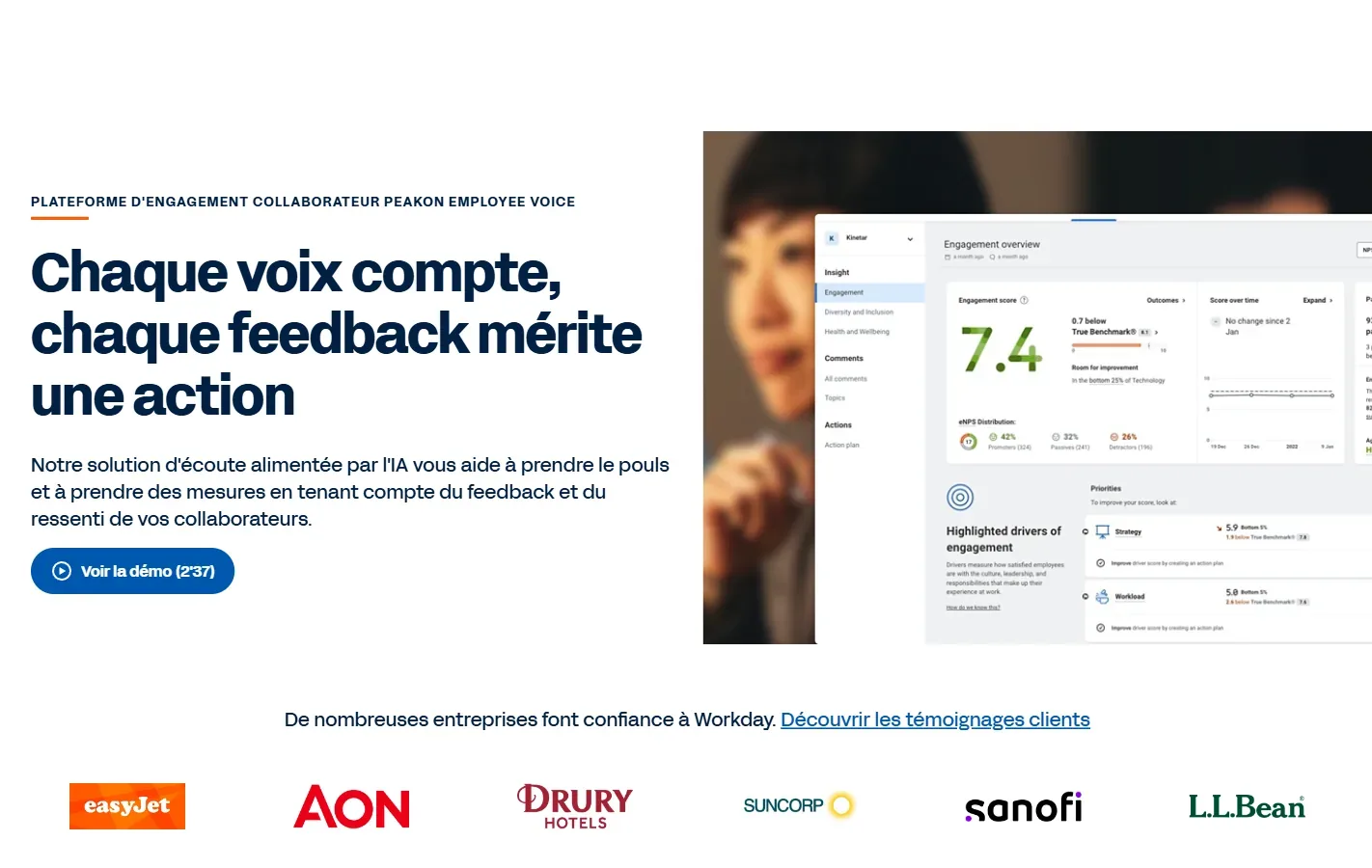 Aperçu de la page Workday Peakon Employee Voice, plateforme d'engagement collaborateur avec score d'engagement et eNPS