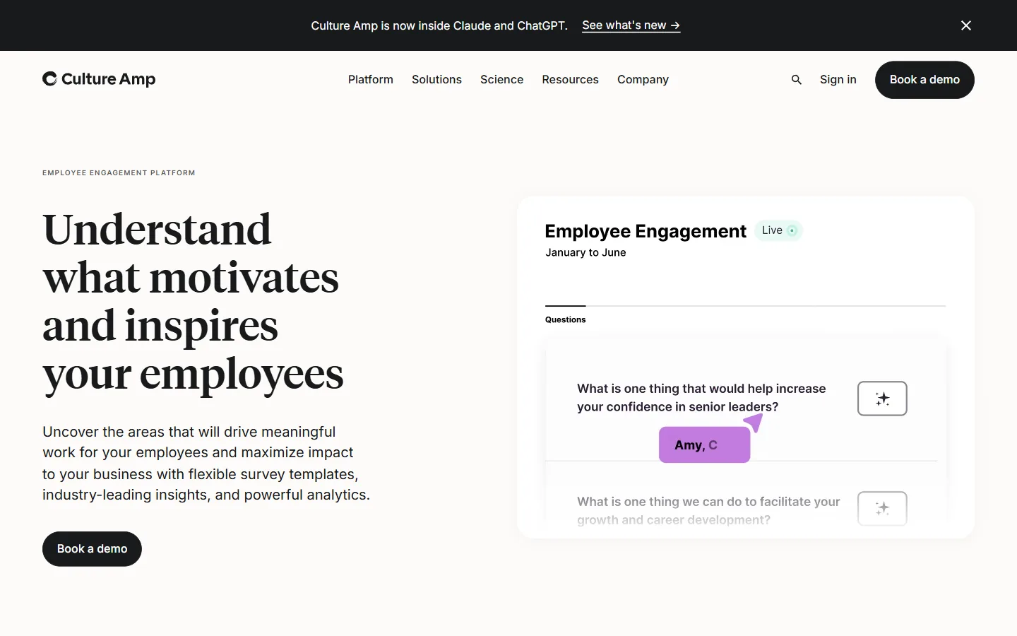 Aperçu du site Culture Amp, plateforme d'engagement des salariés avec enquêtes et commentaires