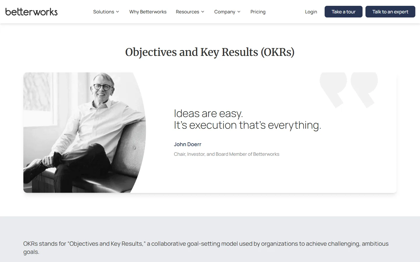 Aperçu de la page OKR de Betterworks, objectifs et résultats clés reliés à la gestion de la performance