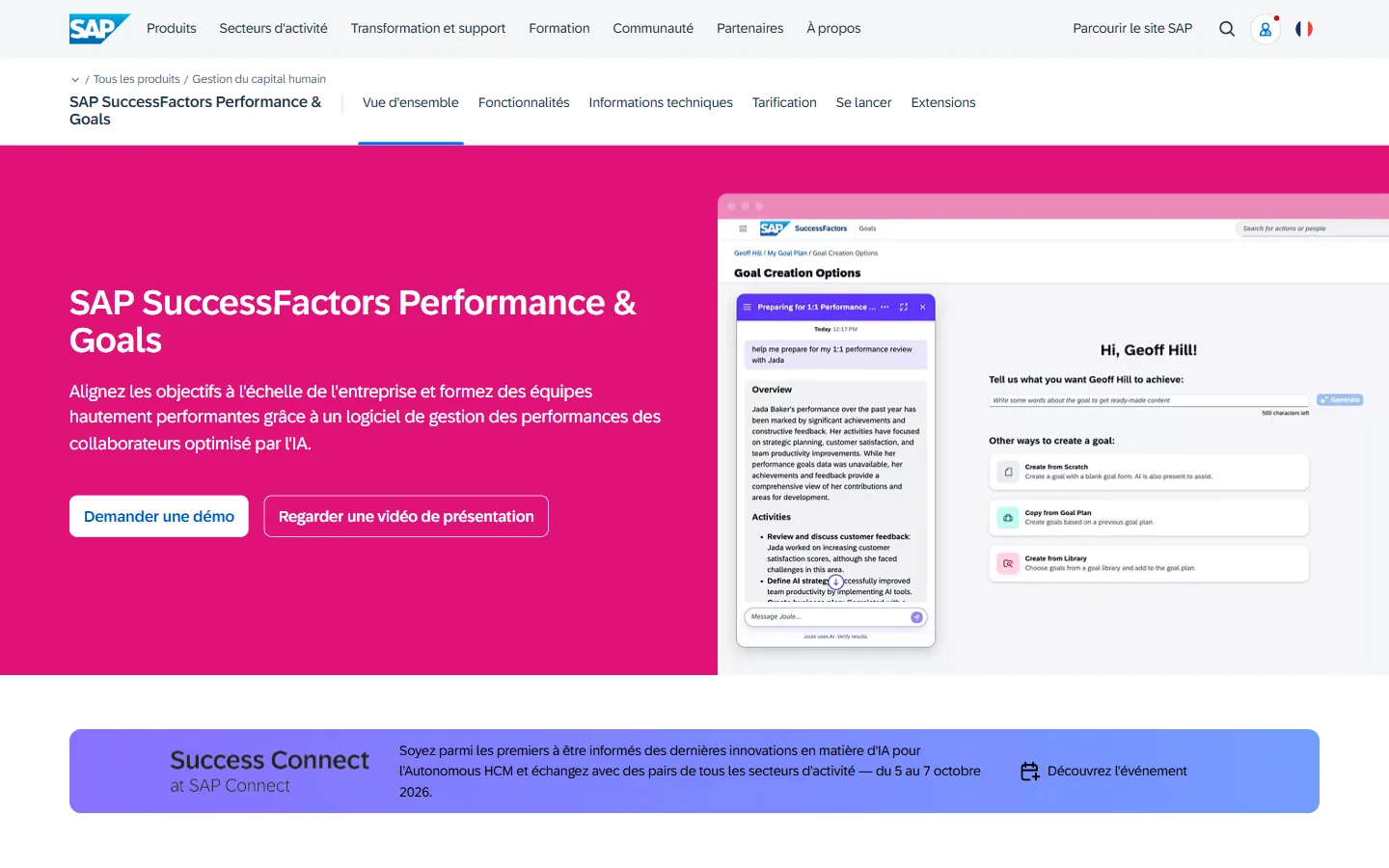 Aperçu de la page française SAP SuccessFactors Performance & Goals, alignement des objectifs et gestion des performances