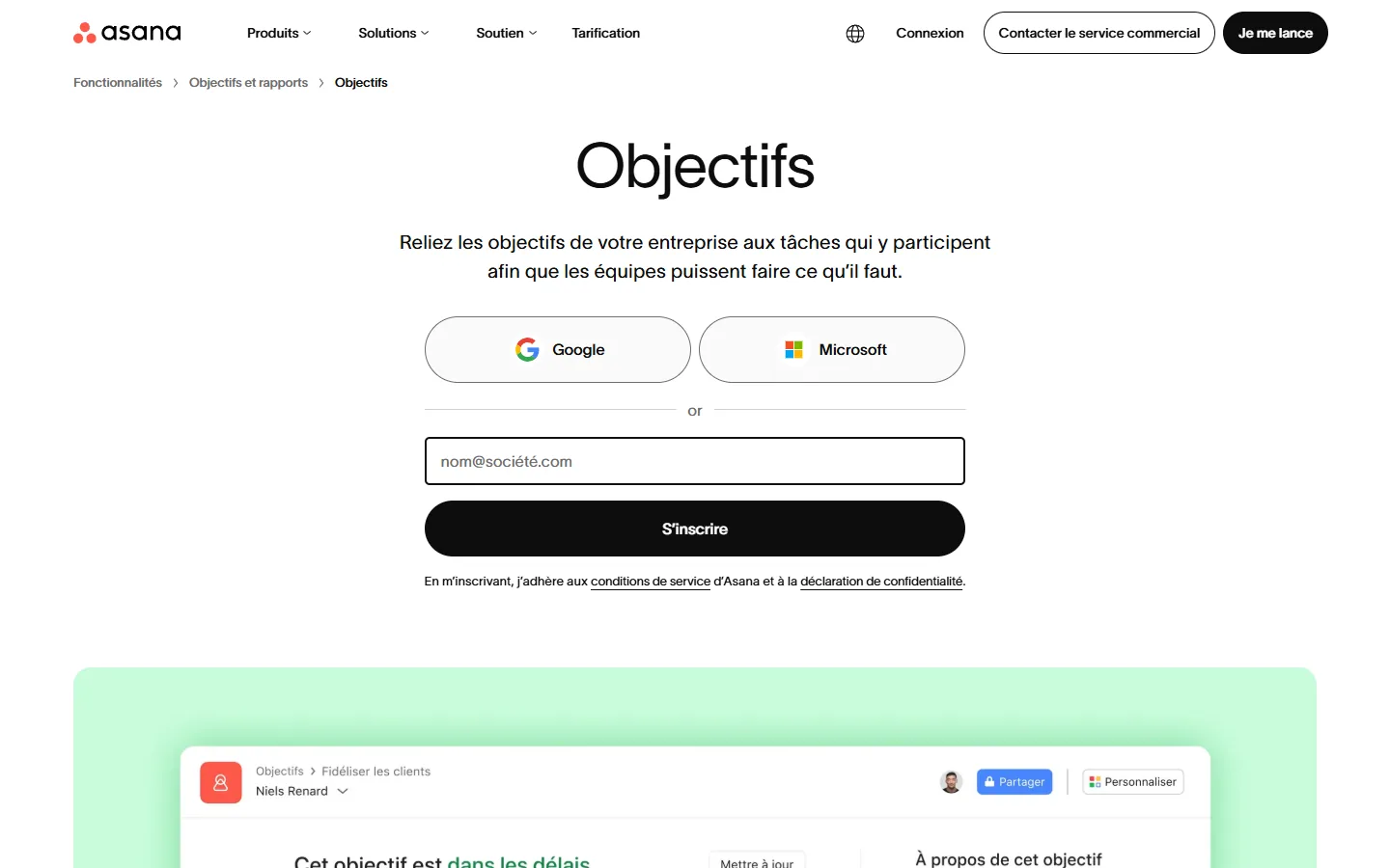 Aperçu de la page française Objectifs d'Asana, objectifs d'entreprise reliés aux tâches des équipes
