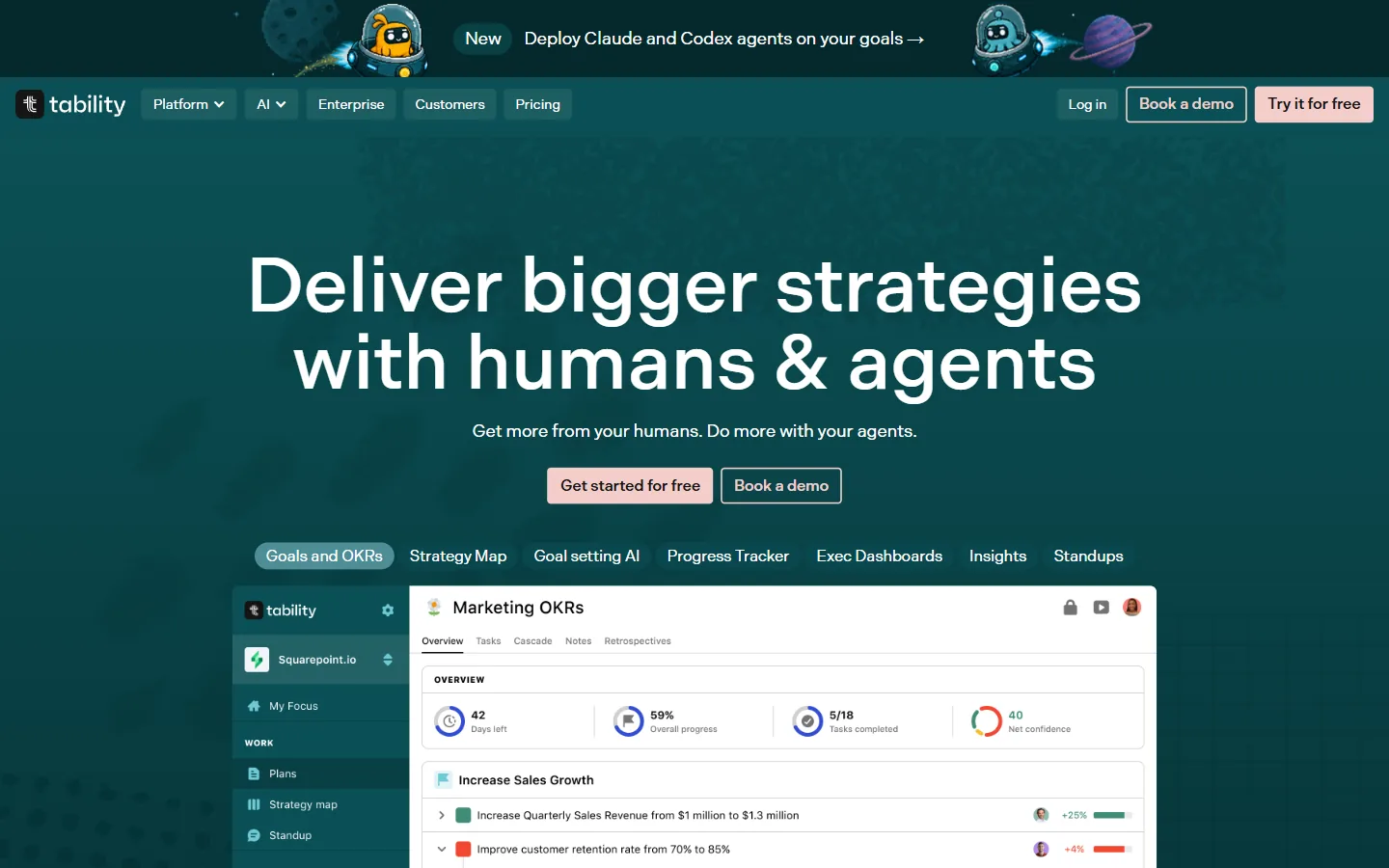 Aperçu du site Tability, suivi d'OKR avec check-ins, niveau de confiance et progression par plan