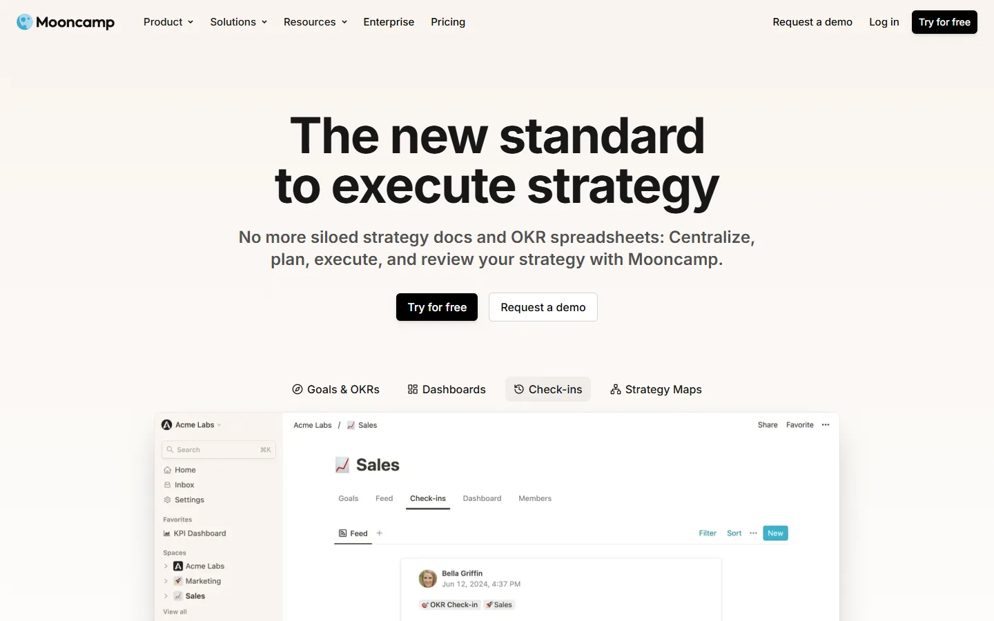 Aperçu du site Mooncamp, objectifs et OKR, tableaux de bord, check-ins et cartes de stratégie