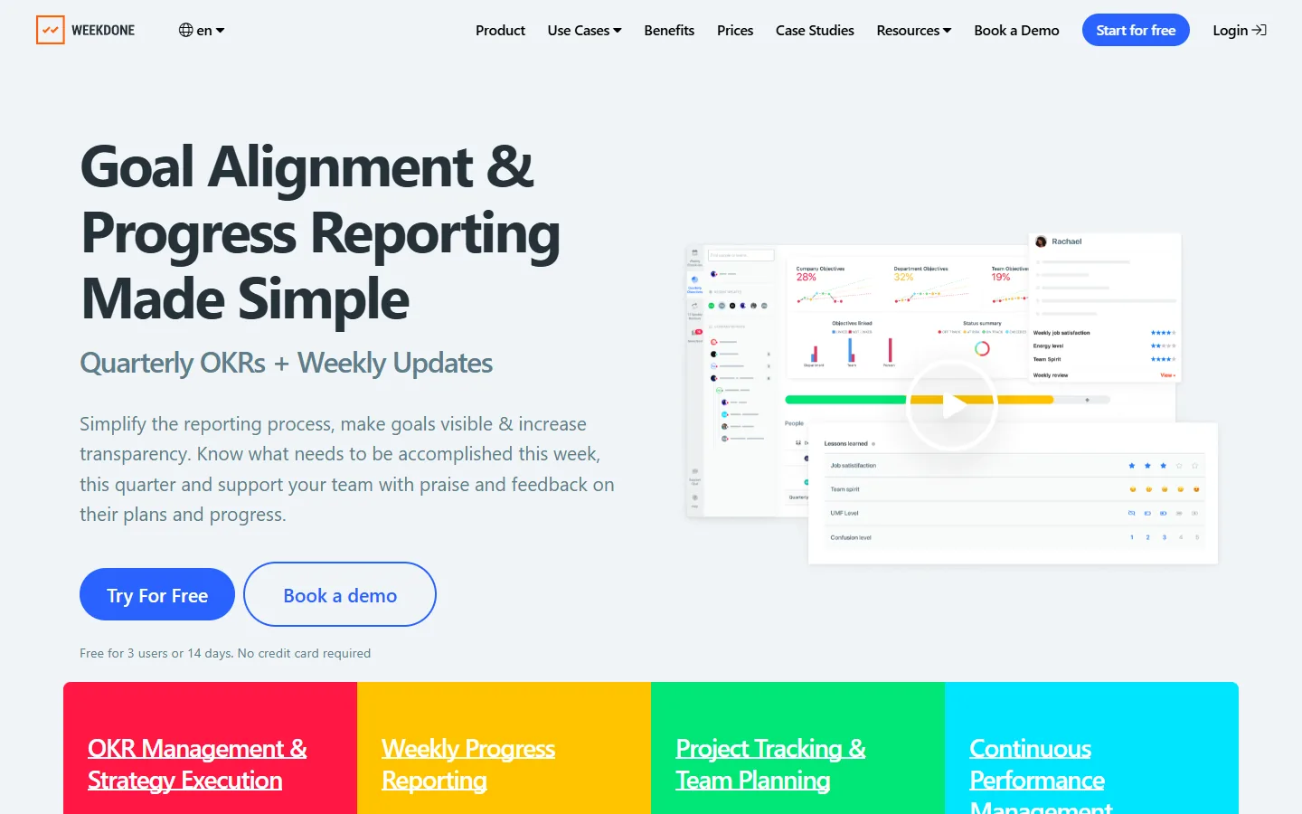 Aperçu du site Weekdone, OKR trimestriels et mises à jour hebdomadaires