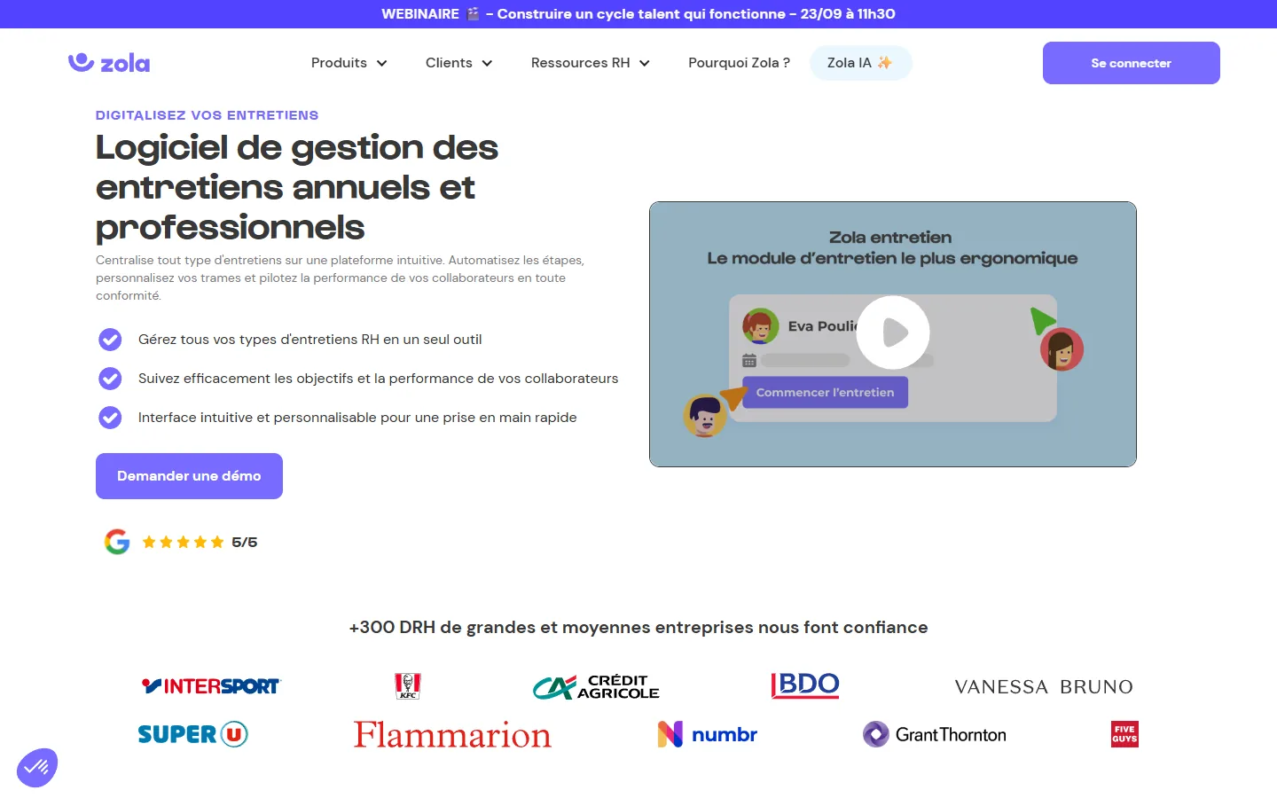 Aperçu du module Entretiens de Zola, suivi des objectifs et de la performance des collaborateurs