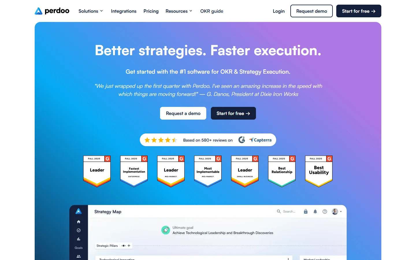 Aperçu du site Perdoo, logiciel OKR et d'exécution stratégique avec carte de stratégie