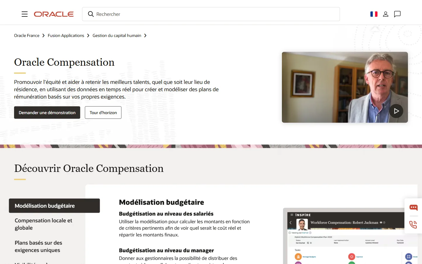 Aperçu de la page Oracle Compensation en français, modélisation budgétaire au niveau des salariés et des managers