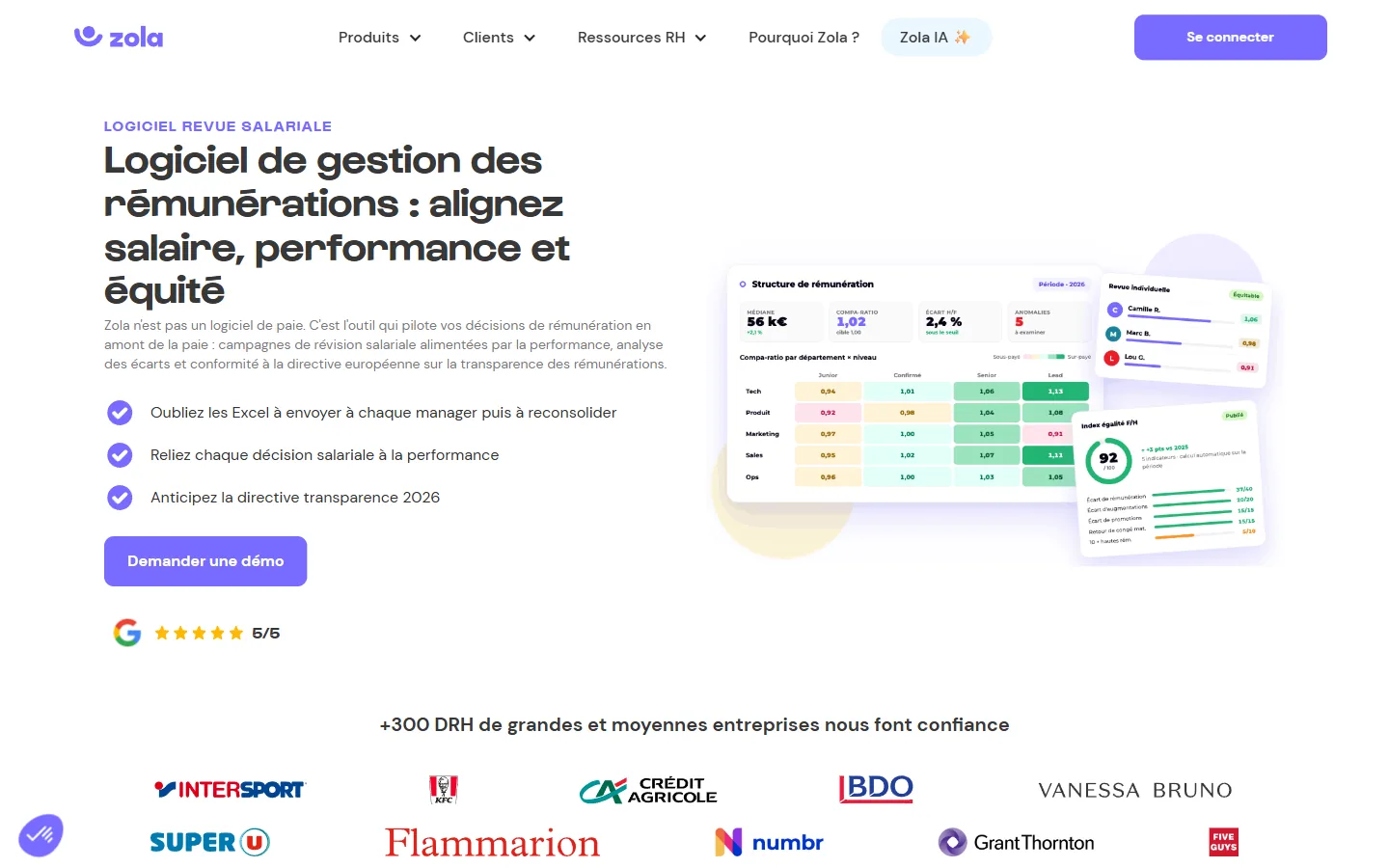 Aperçu du module Rémunération de Zola, logiciel de gestion des rémunérations avec compa-ratio par département et index d'égalité femmes-hommes
