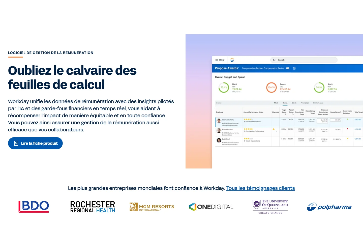 Aperçu de la page Workday Compensation, revue de rémunération avec budget global, notes de performance et guidelines de primes