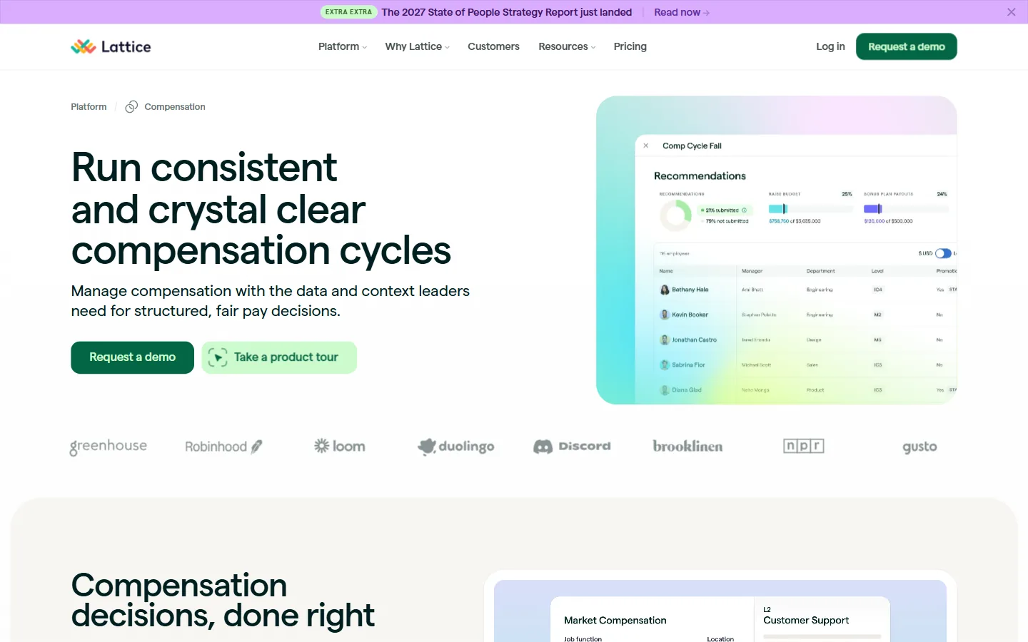 Aperçu de la page Lattice Compensation, cycles de rémunération avec recommandations et budget de mérite