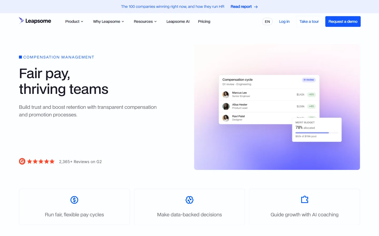 Aperçu de la page Leapsome Compensation Management, cycle de rémunération avec budget de mérite alloué