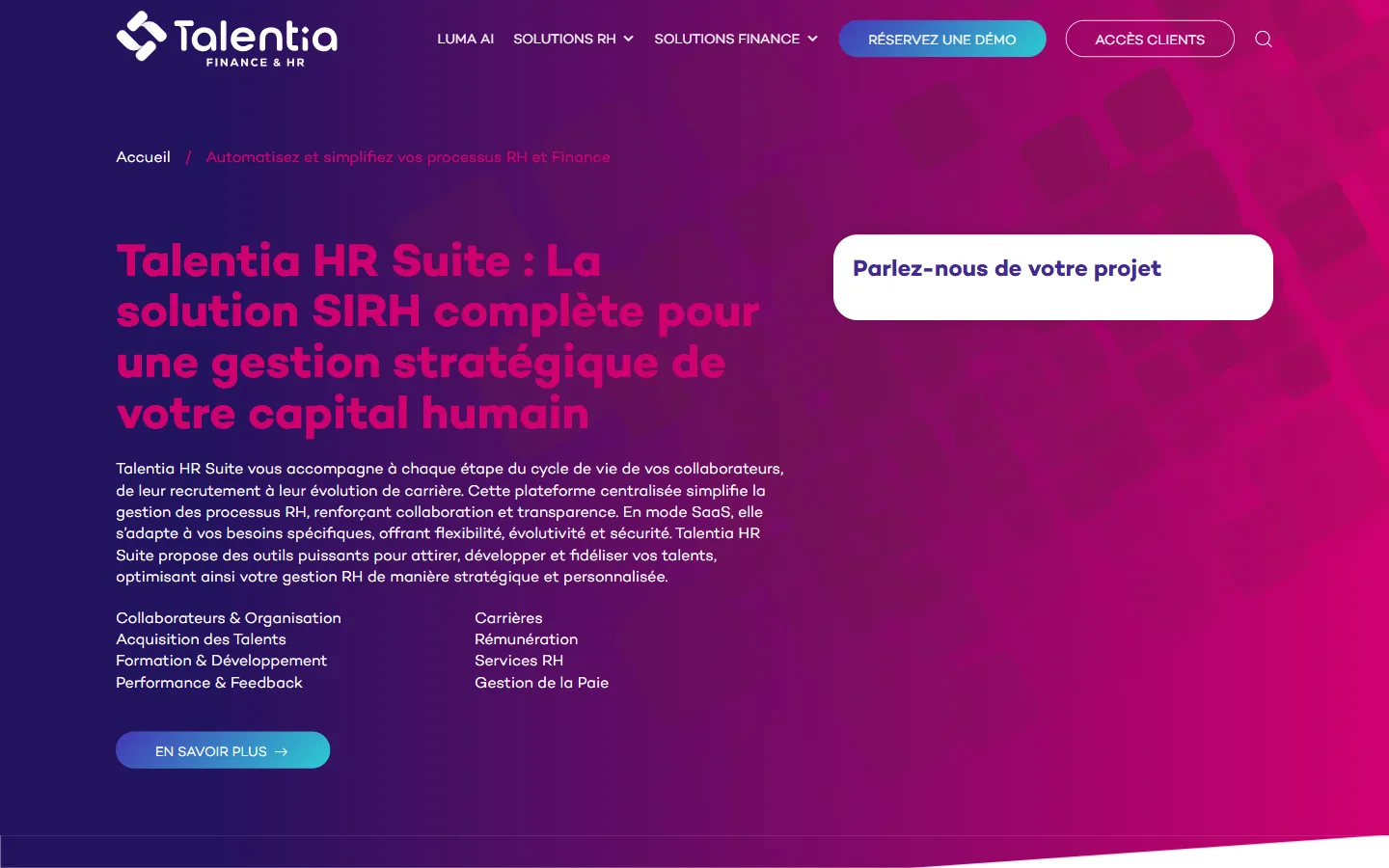 Aperçu du site Talentia HR Suite, suite SIRH française avec module Rémunération et Performance & Feedback