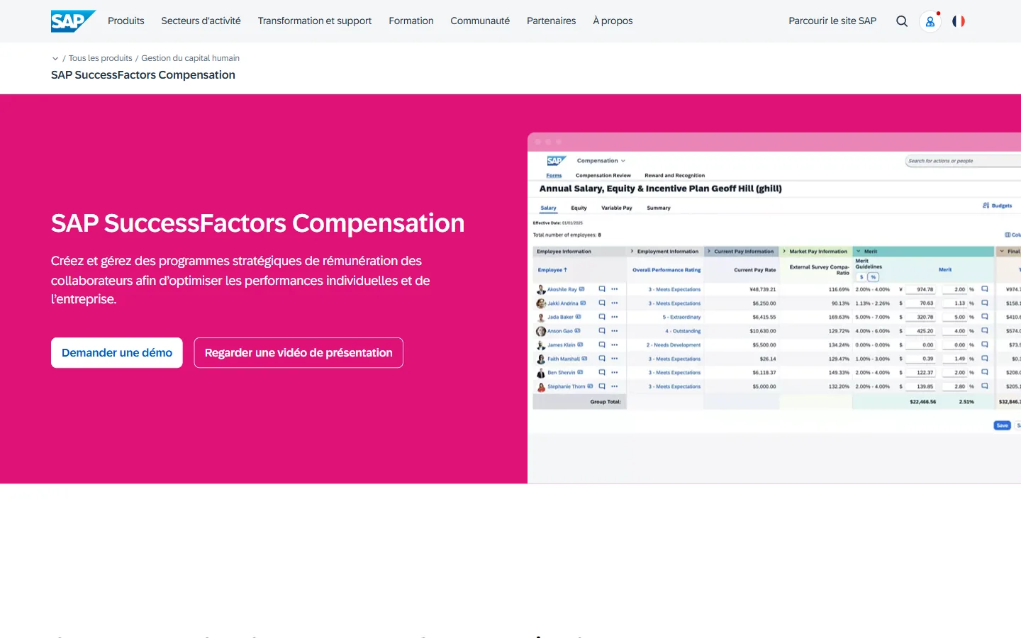 Aperçu du site SAP SuccessFactors Compensation, feuille de campagne avec note de performance, compa-ratio et guidelines de mérite