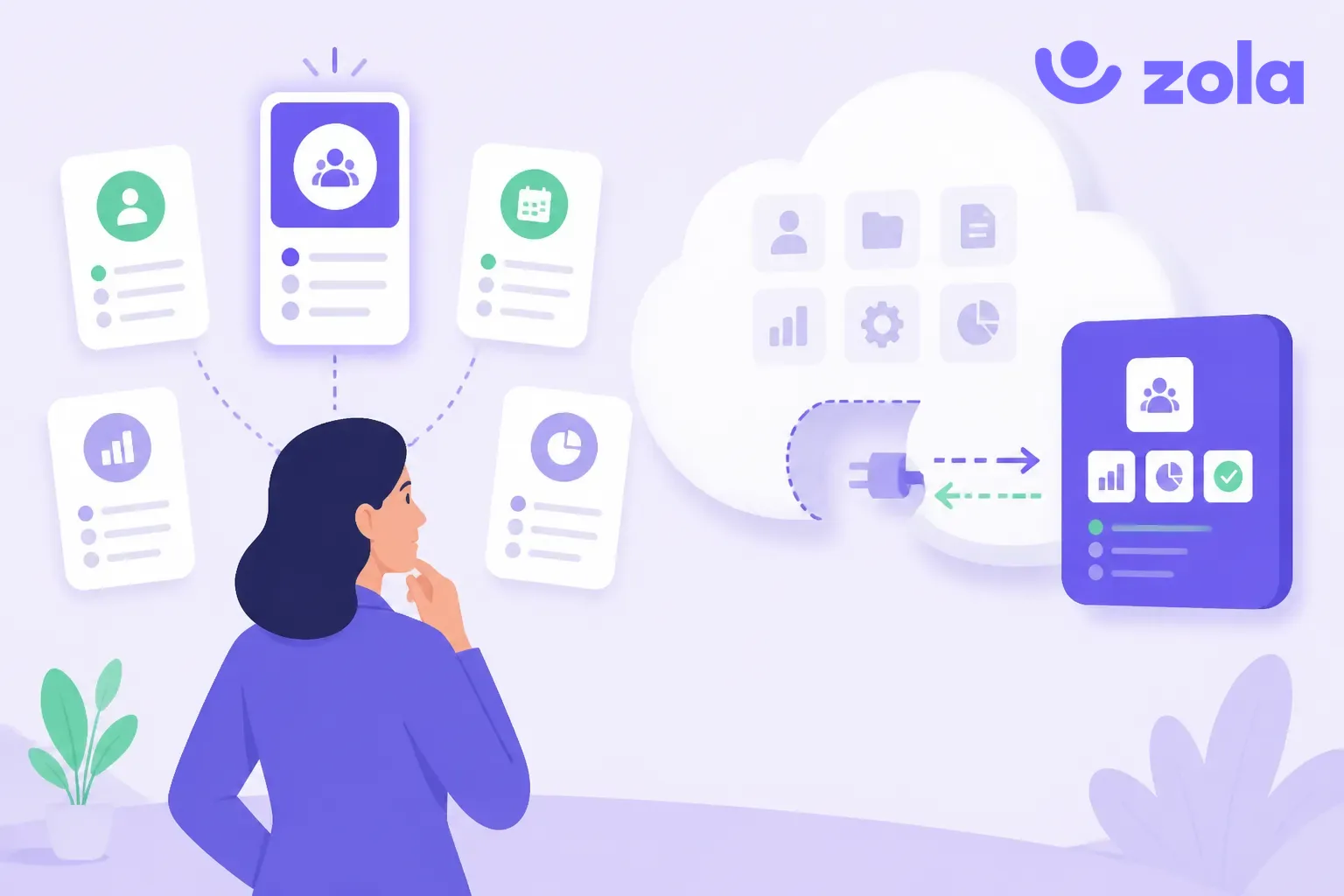Responsable RH comparant cinq alternatives à Workday pour les entretiens, les objectifs, les compétences et la formation, module talents branché sur le socle SIRH, illustration violette Zola