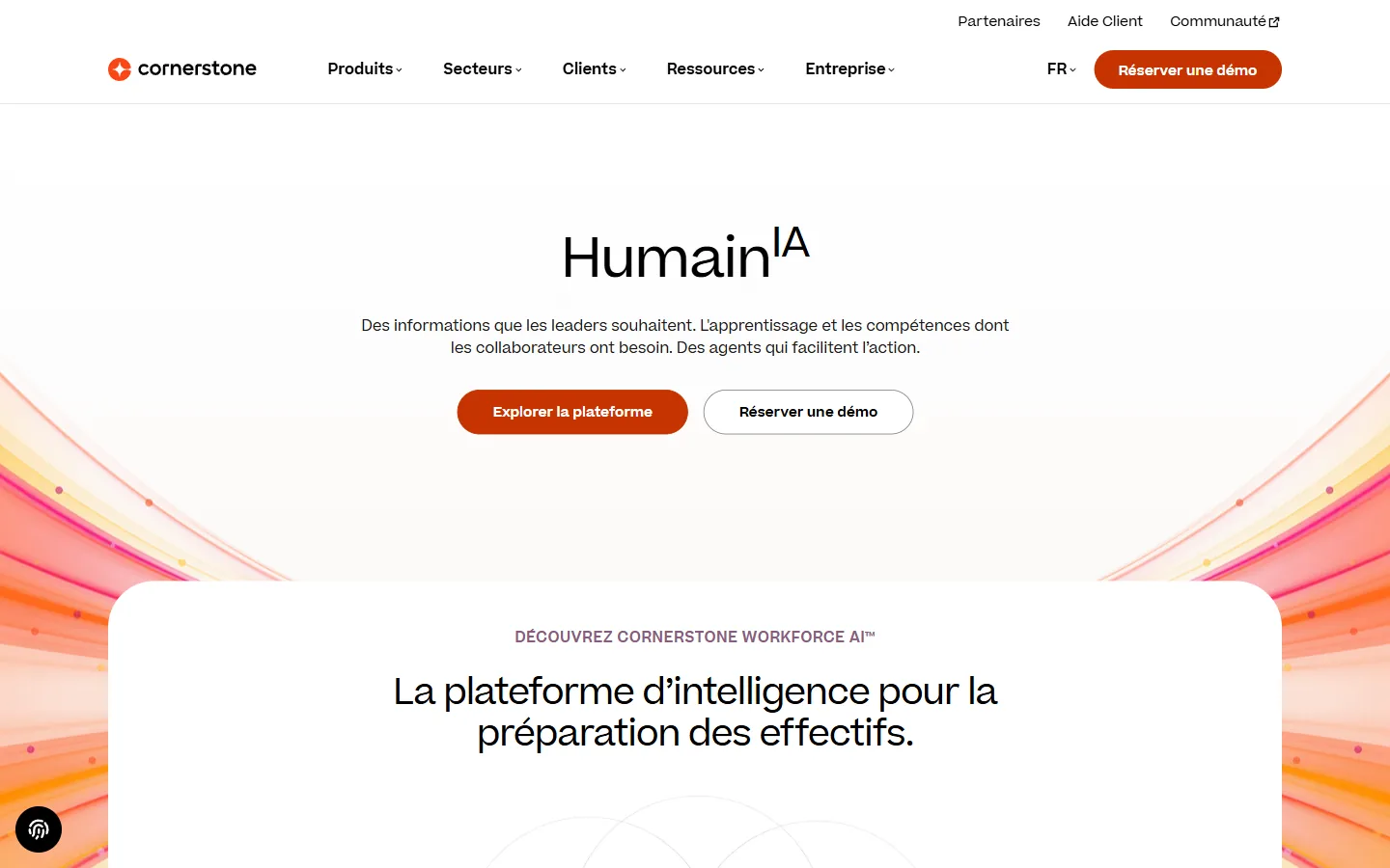 Aperçu du site Cornerstone en français, plateforme Workforce AI centrée sur les compétences et la formation