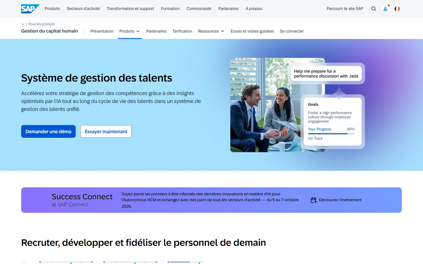 Aperçu de la page SAP SuccessFactors Système de gestion des talents, avec l'assistant IA et le suivi des objectifs